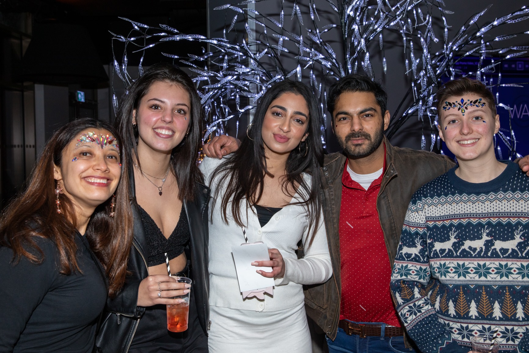 A group of five people poses together, smiling warmly. Some have facial decorations reminiscent of India's vibrant culture, and one holds a drink. They stand in front of illuminated tree-like decorations, creating a festive atmosphere that feels like a landing into celebration.