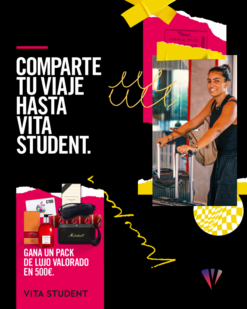 A smiling woman pushes a suitcase in an airport. Text in Spanish reads, "Comparte tu viaje y preparar traslado a Vita Student. Gana un pack de lujo valorado en 500€." Luxury items and the Vita Student España logo are also shown.