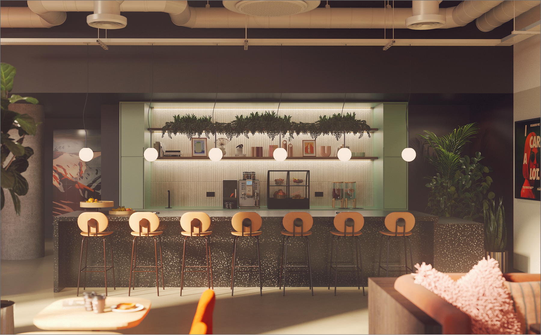 A modern kitchen with a long island, six wooden barstools, hanging globe lights, plants above the counter, and a coffee machine. Contemporary decor and warm lighting create a welcoming atmosphere.