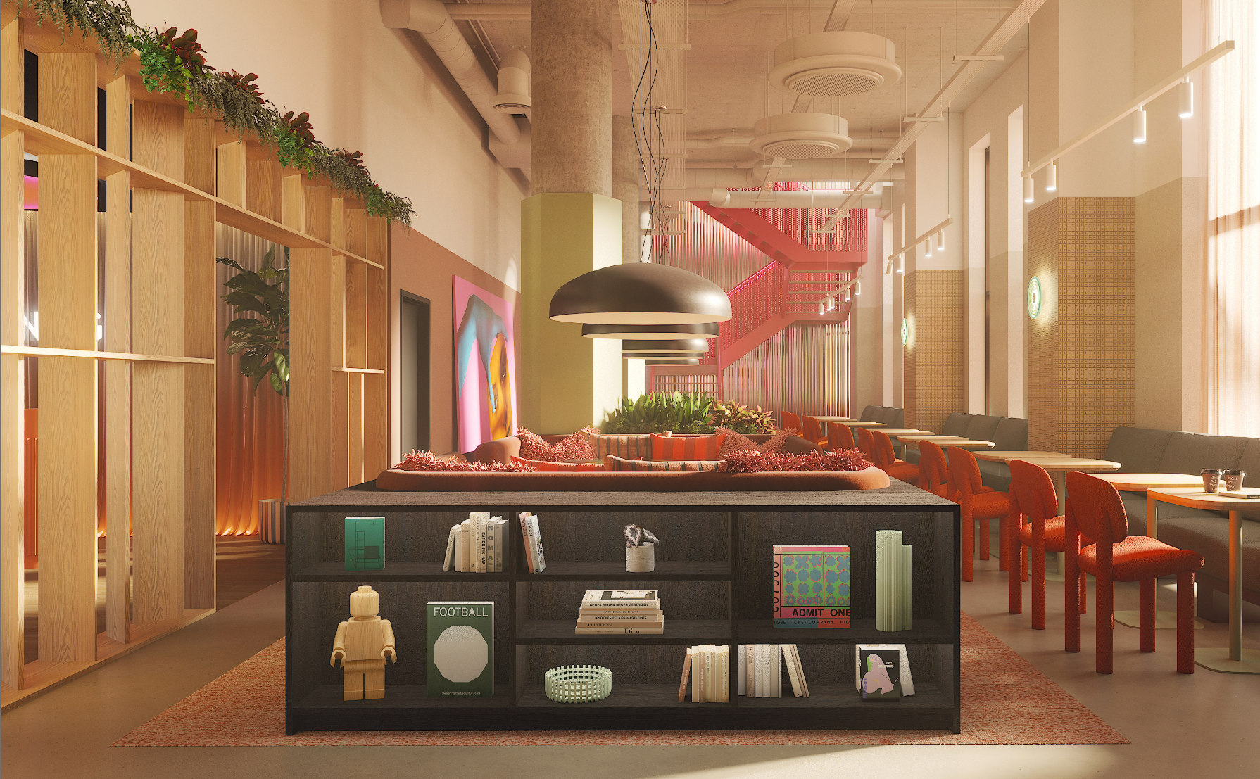 A modern, brightly lit lounge with red chairs, dining tables, a central bookshelf with books and decor, large dome lights, indoor plants, and a red staircase in the background.