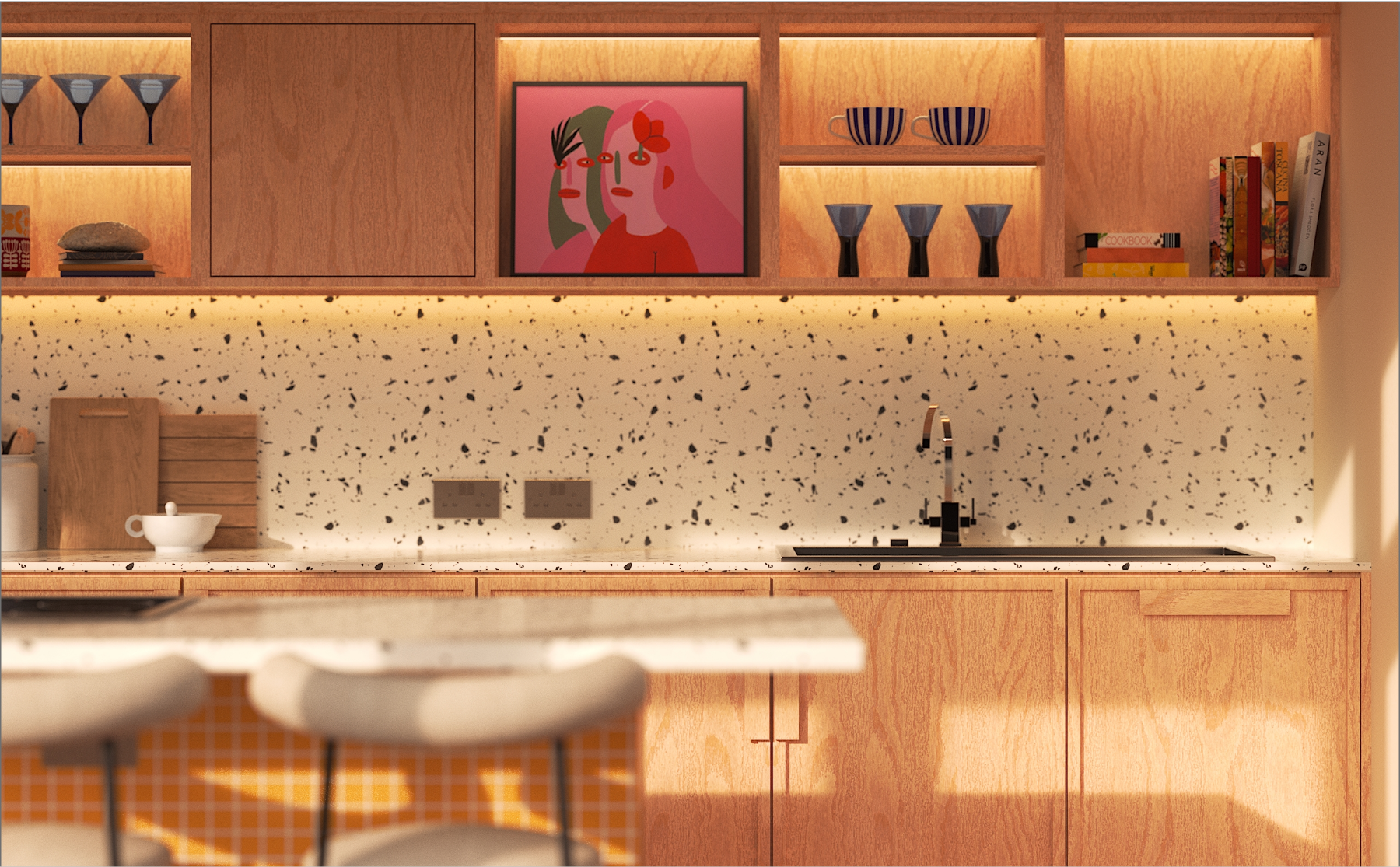 A modern kitchen with wood cabinets, open shelves holding cups and books, terrazzo backsplash, under-cabinet lighting, a sink, and a framed abstract artwork featuring two faces above the counter.