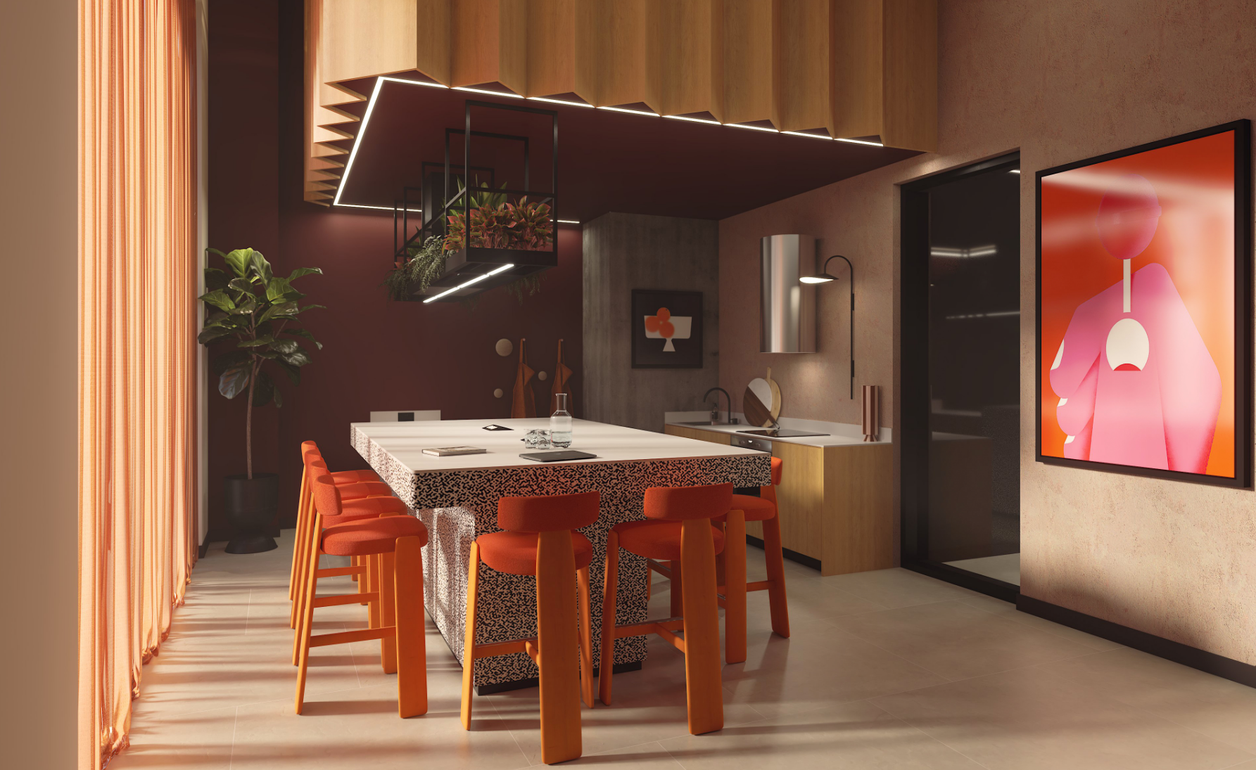 A modern kitchen with a leopard-print island, five orange barstools, a hanging plant, abstract wall art, and warm lighting. Light filters through sheer curtains on the left, adding a soft glow to the stylish space.