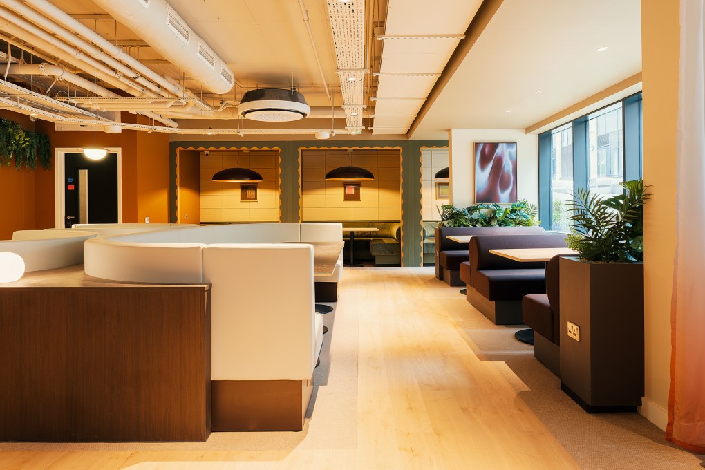 Modern office lounge with booths, light wood floors, exposed ceiling pipes, plants, and large windows letting in natural light. Cream, brown, and green tones create a cozy, contemporary atmosphere—reflecting the vibrant spirit of New Waverley.