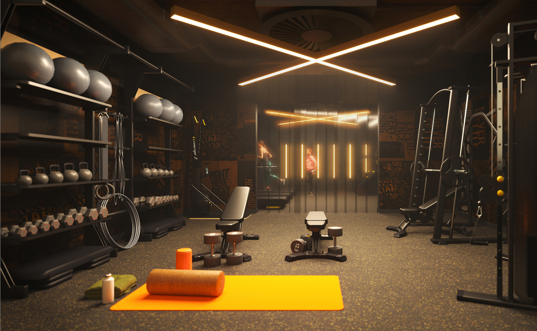 A modern gym with exercise equipment, free weights, kettlebells, benches, an orange mat with a foam roller, and mirrors reflecting two people in athletic wear. Warm lights create a welcoming atmosphere.