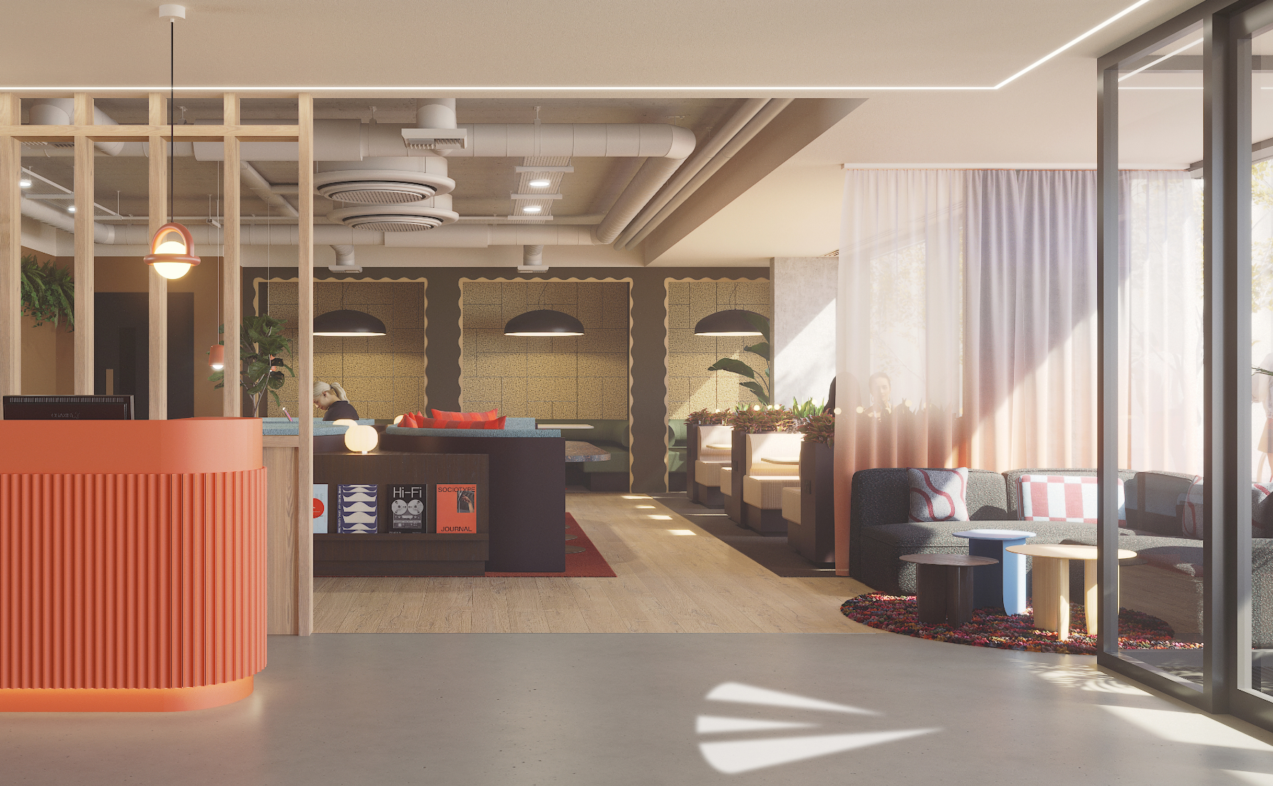 A modern, sunlit lounge with an orange reception desk, cozy seating areas, plants, and large windows with sheer curtains, creating a welcoming atmosphere.