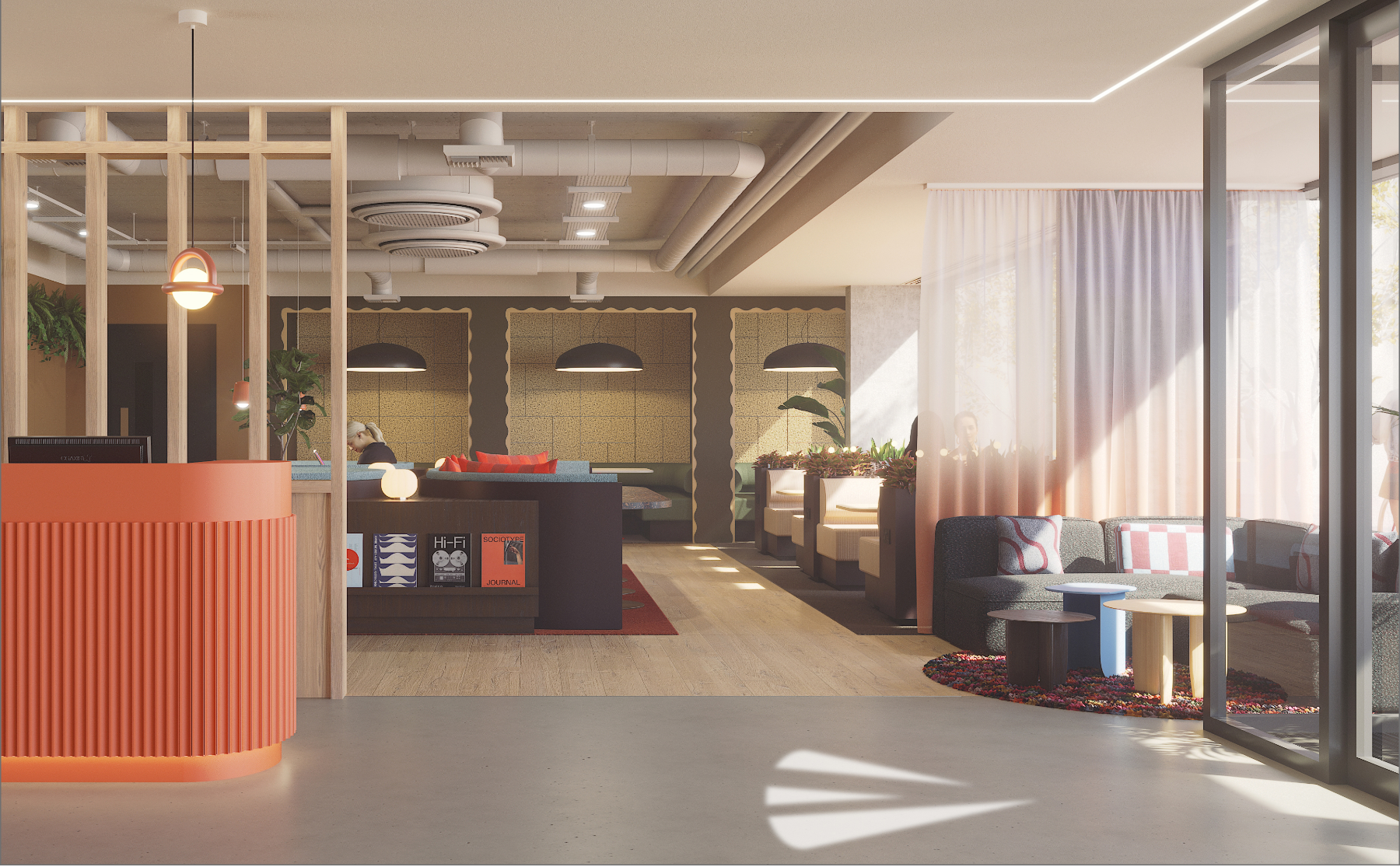 A modern, sunlit lounge with an orange reception desk, cozy seating areas, plants, and large windows with sheer curtains, creating a welcoming atmosphere.