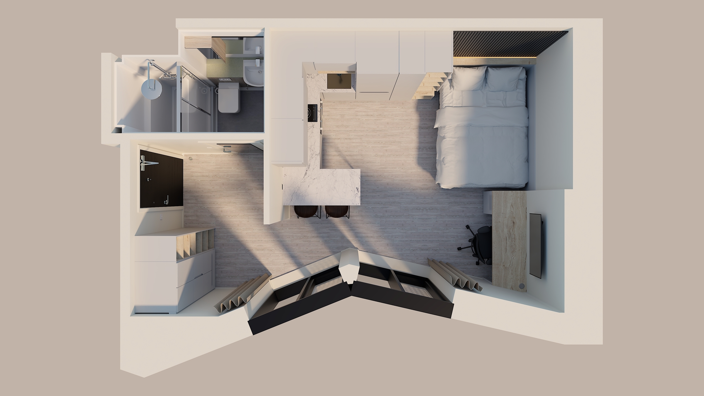 Top-down view of a small modern studio apartment on Gough Street, featuring a bedroom, kitchen, and bathroom. The space includes a bed, desk, kitchen island with stools, and large corner windows providing natural light.