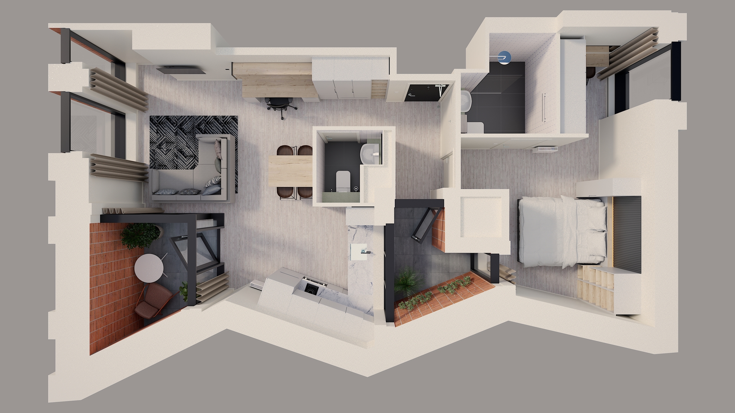 3D floor plan of a modern one-bedroom apartment on Gough Street, featuring an open living room and kitchen, dining table, bathroom, bedroom, terrace with seating, and balcony. The design showcases neutral colors and contemporary furniture.