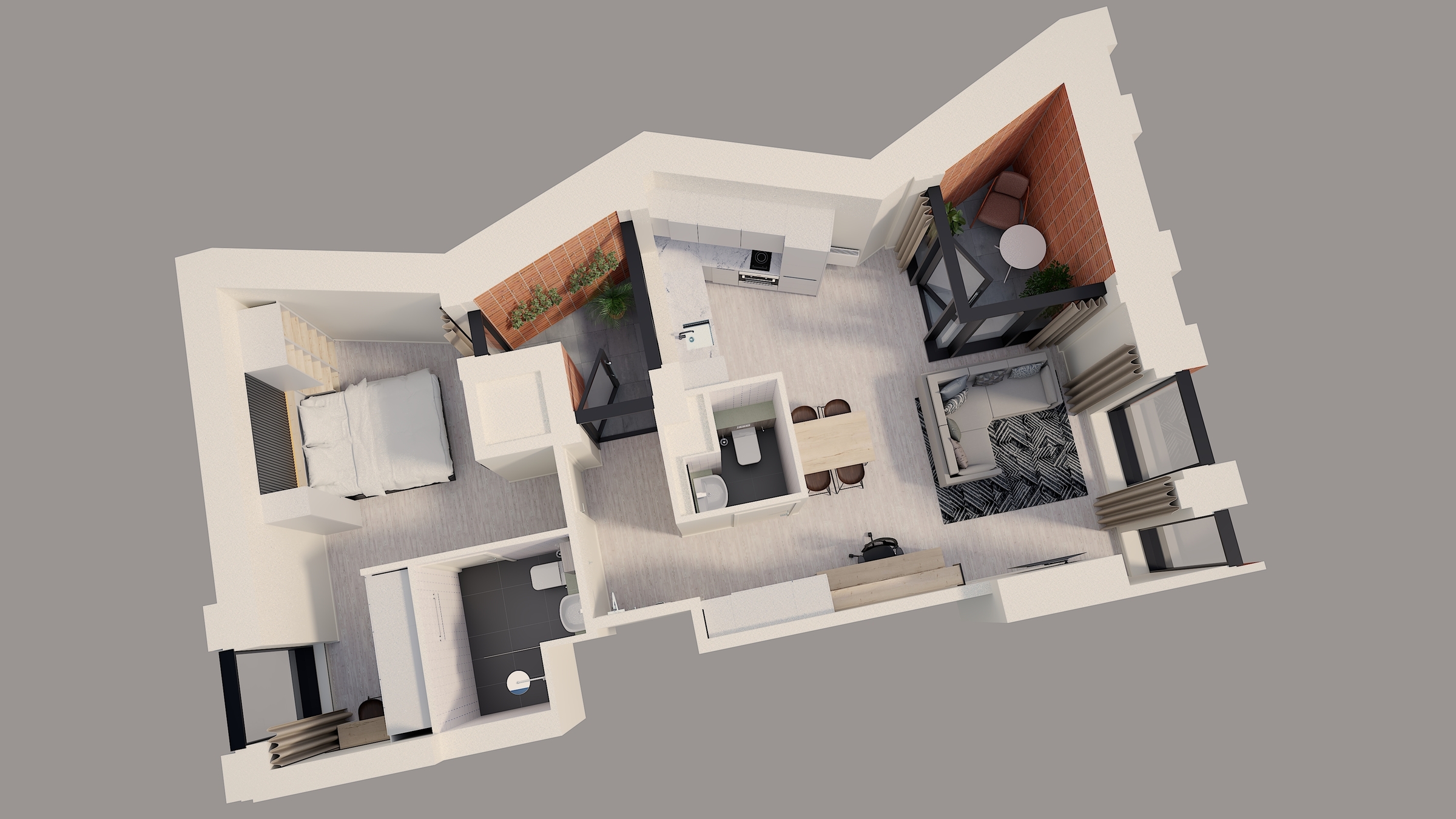 3D floor plan of a modern Gough Street apartment, featuring a bedroom, bathroom, kitchen, dining area, living room, and a small balcony with seating. Light-colored floors and walls, with large windows throughout.