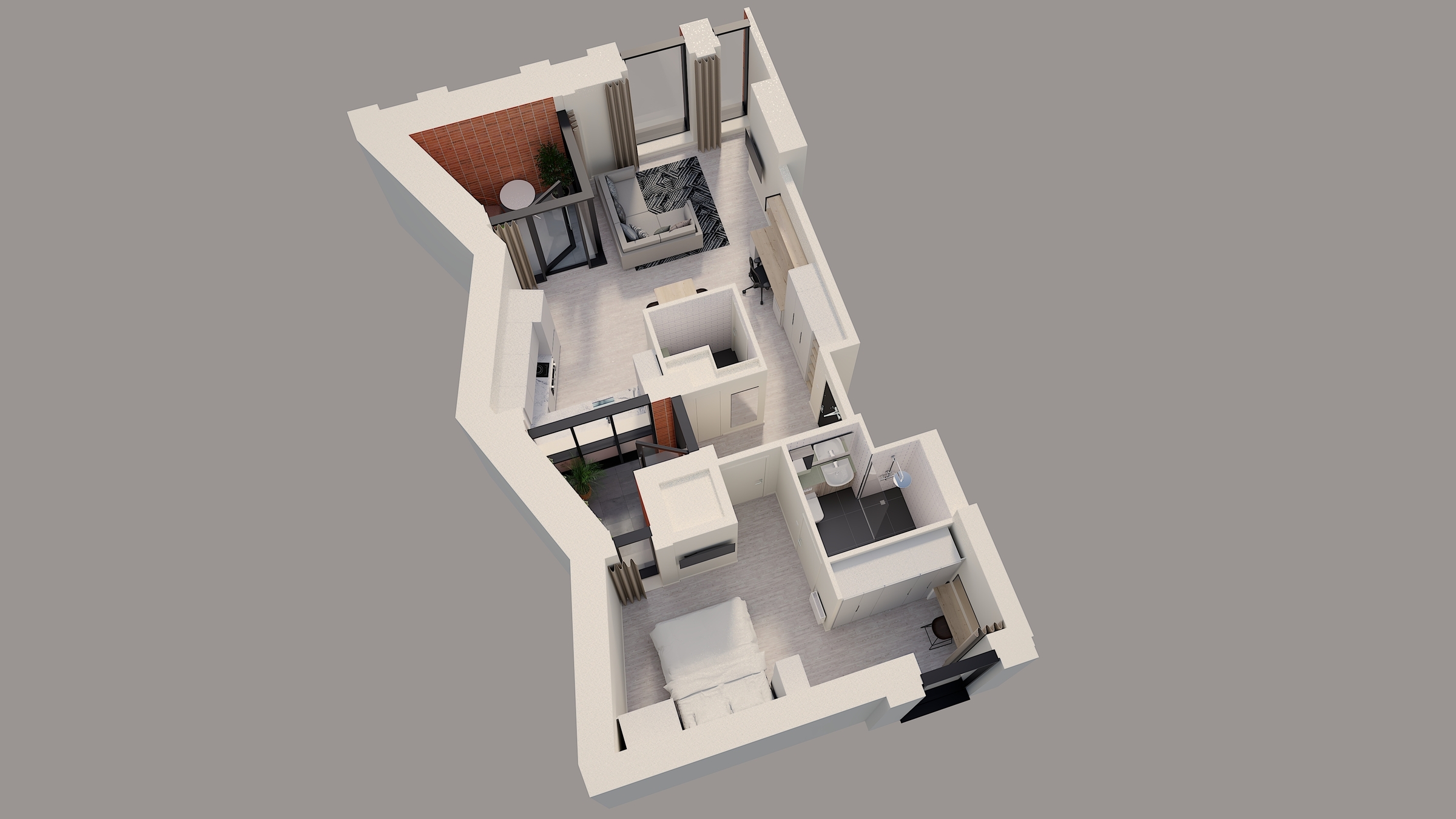 3D floor plan of a Gough Street apartment showing two bedrooms, a bathroom, kitchen, and living area with large windows. The space features light-colored floors, modern furnishings, and an irregular, angled layout.