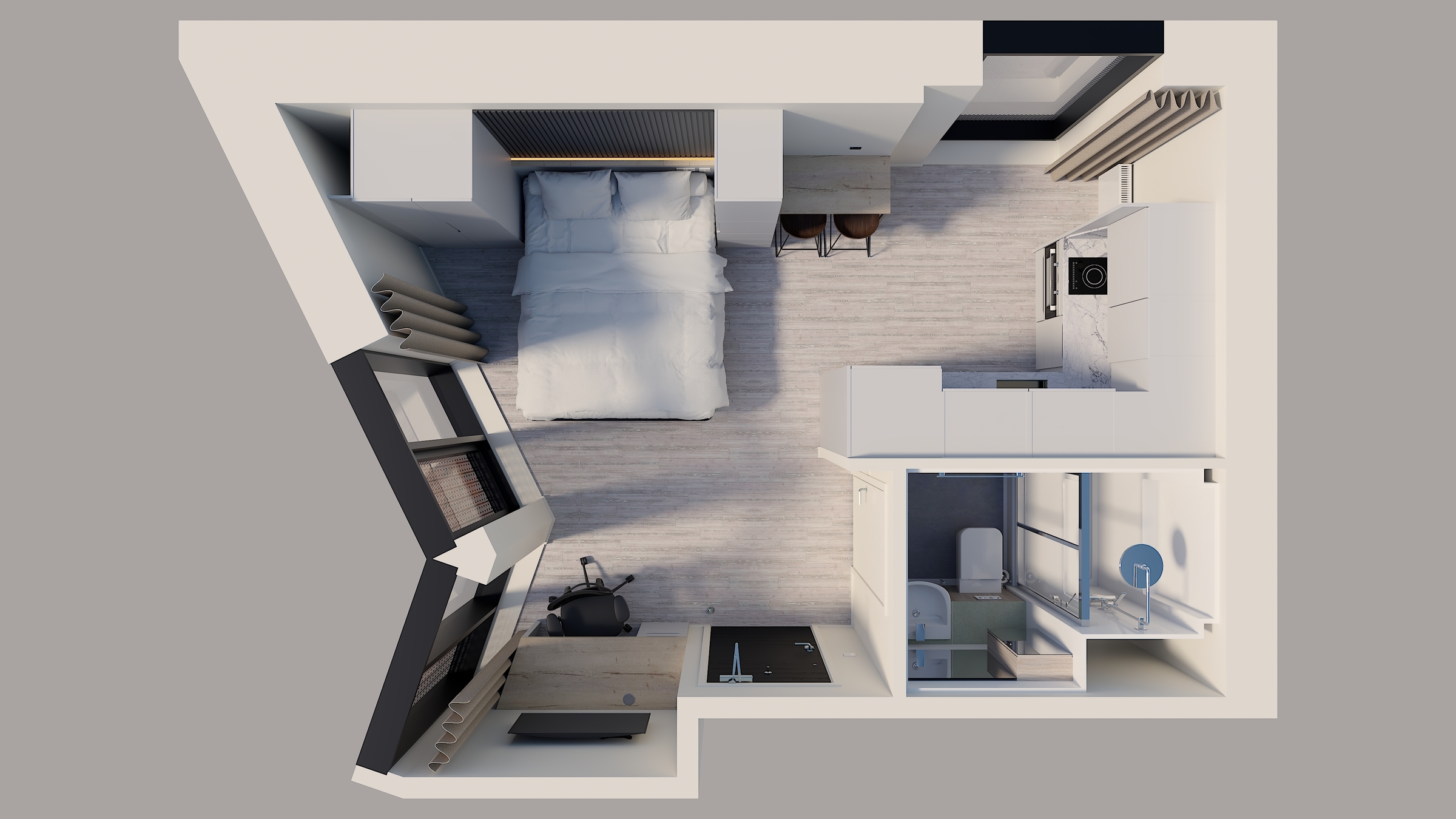 A top-down view of a modern studio apartment layout on Gough Street, featuring a bed, desk, chairs, kitchen, and bathroom. The space showcases light wood flooring, white walls, and minimalistic furniture for a sleek urban vibe.