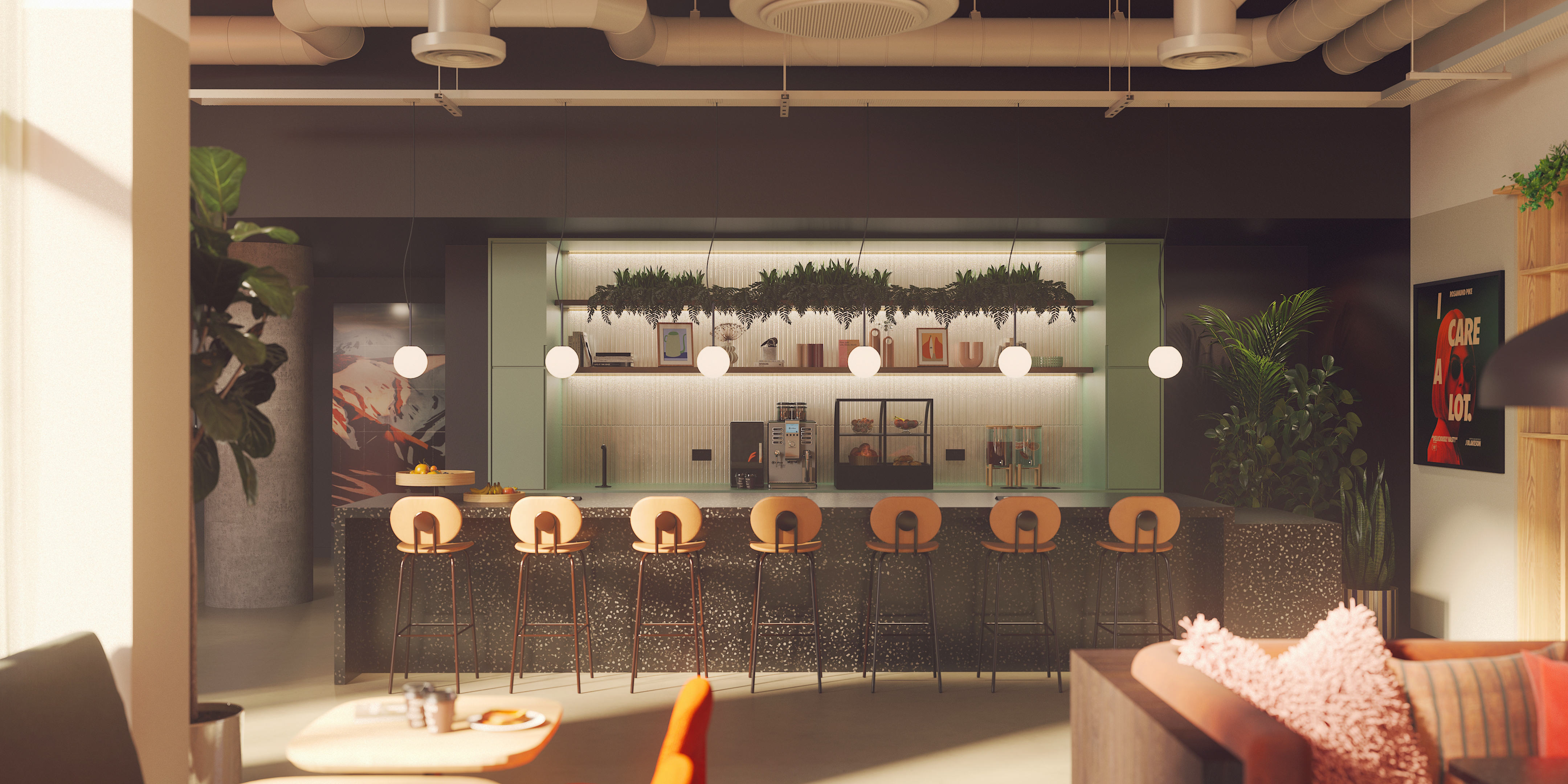 A modern café with a long bar counter, high chairs, hanging globe lights, plants on shelves, and a coffee machine. Warm lighting and cozy seating create an inviting atmosphere.