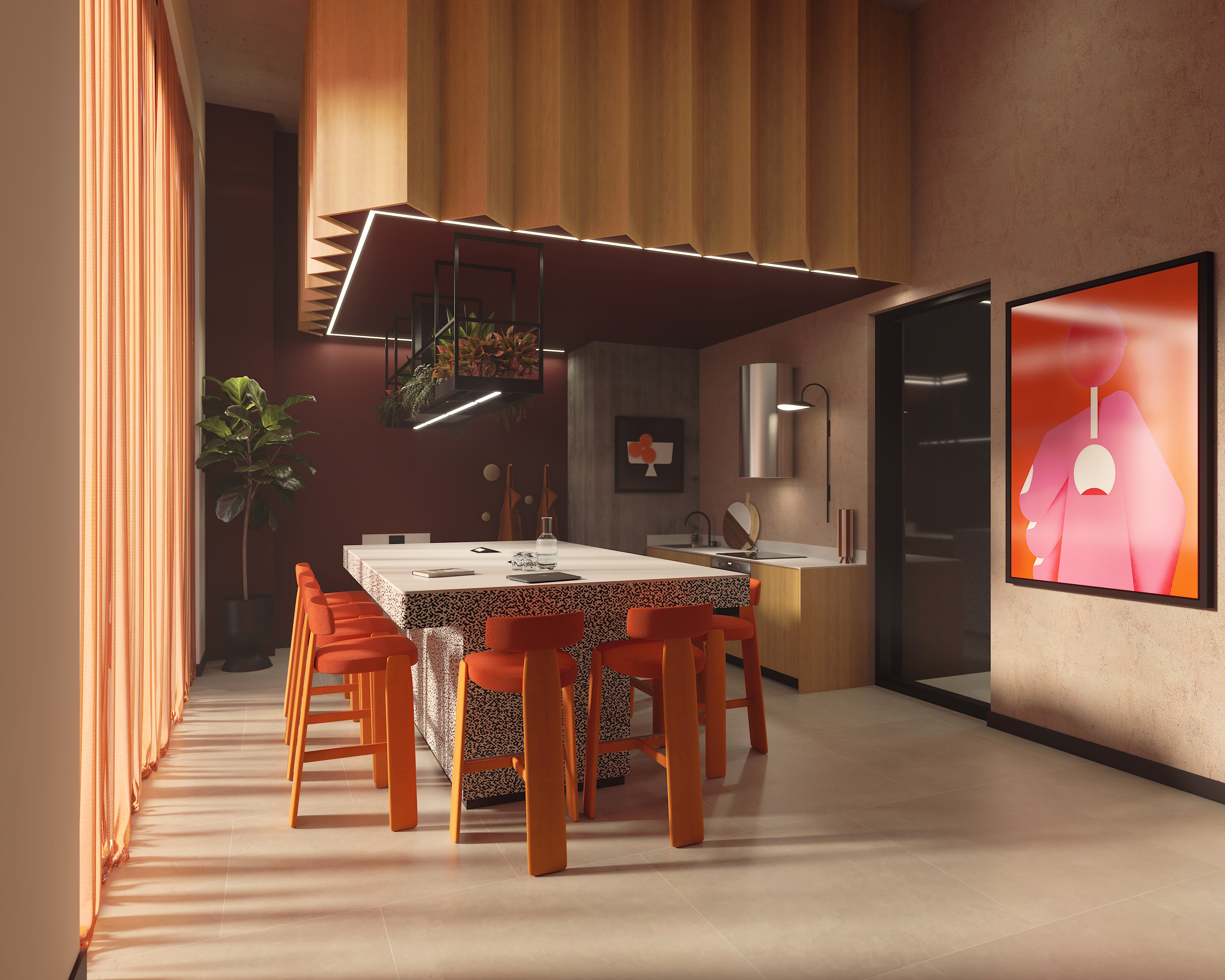 A modern kitchen with a large island, orange bar stools, unique geometric lighting, a potted plant, and a bold pink abstract art piece on the wall. Warm natural light filters through floor-to-ceiling curtains.