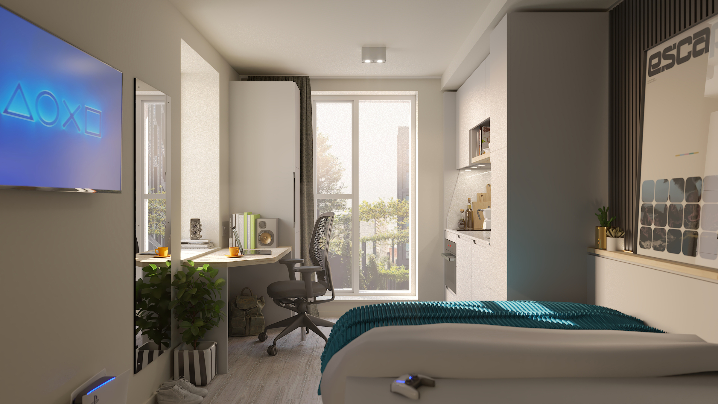 A modern, sunlit bedroom with a desk, office chair, and computer by a window. A neatly made bed with a teal blanket, a wall-mounted TV, and plants create a cozy, organized atmosphere.