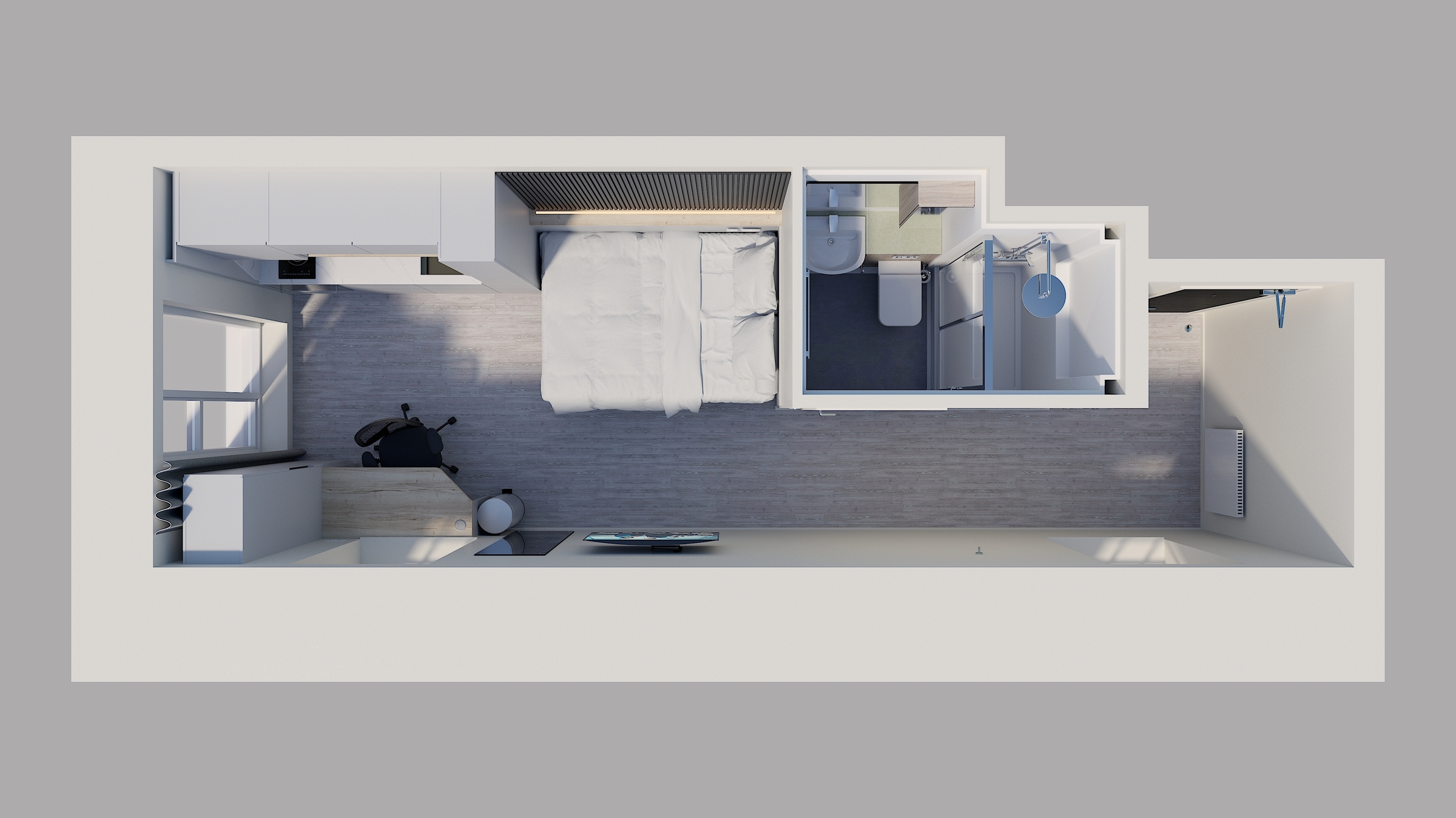 Top-down view of a modern, compact studio apartment with a bed, desk and chair, wardrobe, TV, and a bathroom with a shower, toilet, and sink; light wood flooring and minimalistic furniture.
