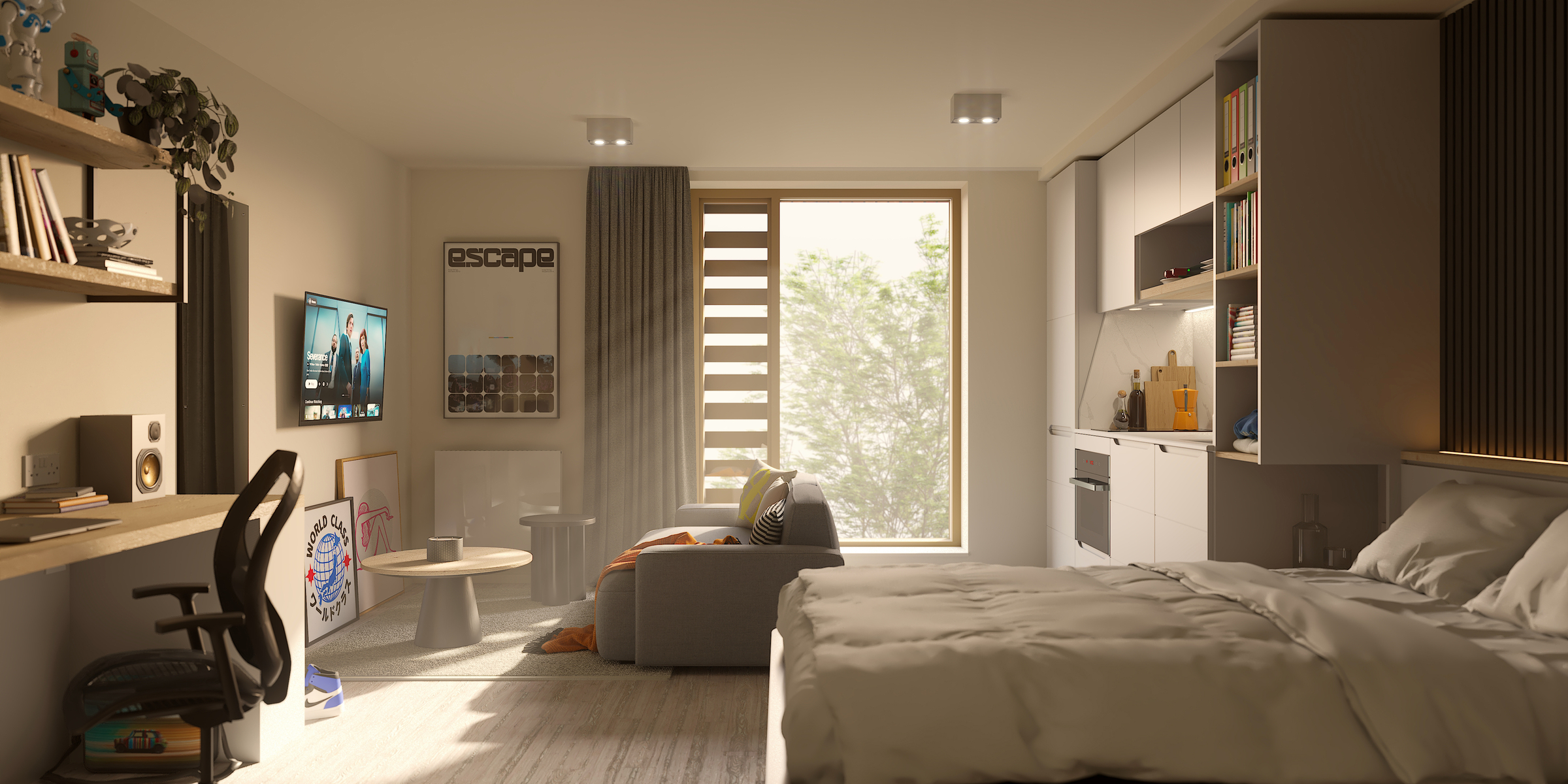 A modern, sunlit studio apartment with a bed, sofa, TV, shelves, desk, and large window overlooking trees. Decor includes posters, books, and personal items, creating a cozy, lived-in atmosphere.