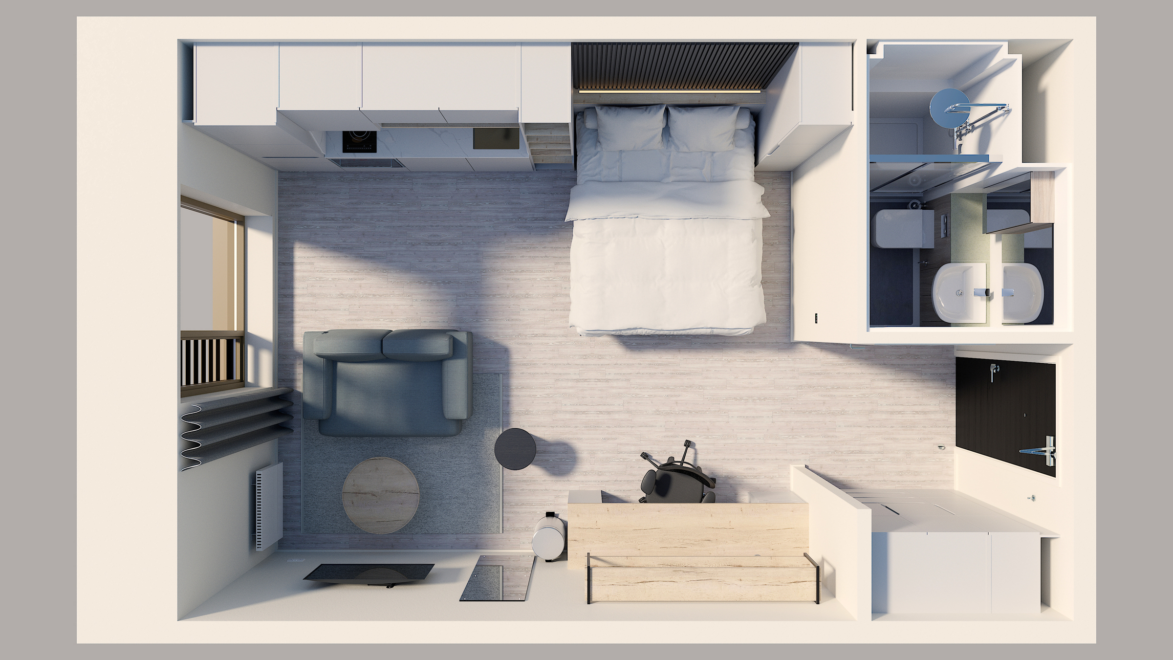 A top-down view of a modern studio apartment with a bed, sofa, coffee table, desk, chair, kitchen area, and a bathroom featuring a shower, toilet, and sink. Neutral colors and minimalist furniture fill the space.