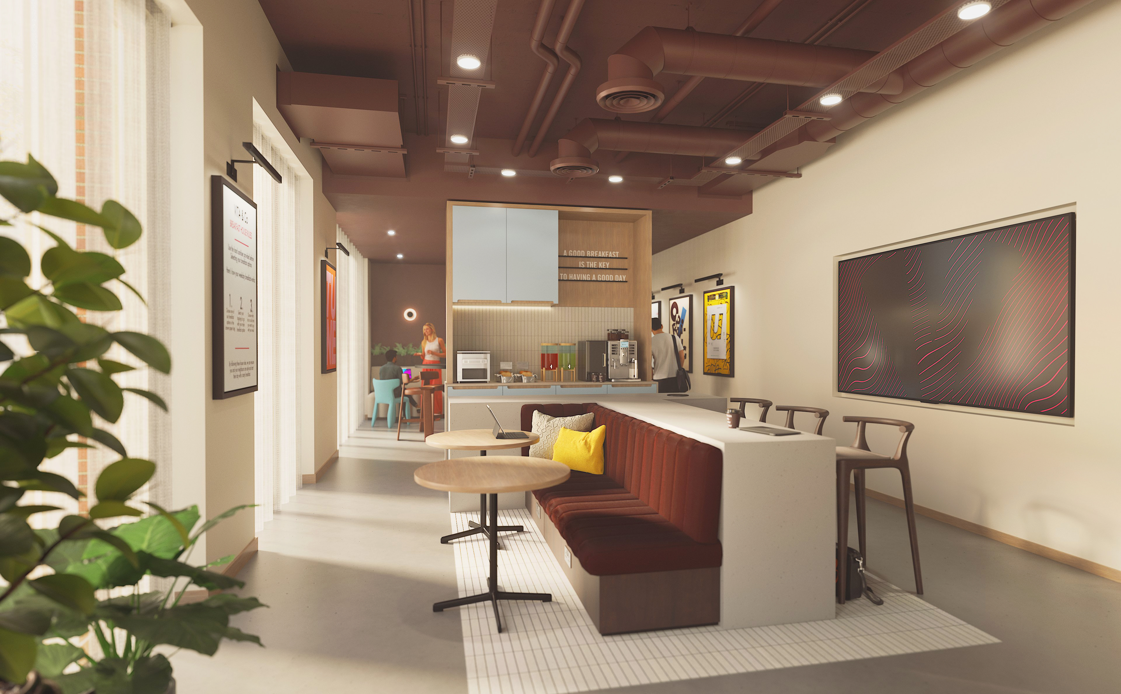 A modern, open-concept breakroom with tables, chairs, a coffee machine, kitchen appliances, bar seating, wall art, and large windows letting in natural light. A person is seen in the kitchen area in the background.
