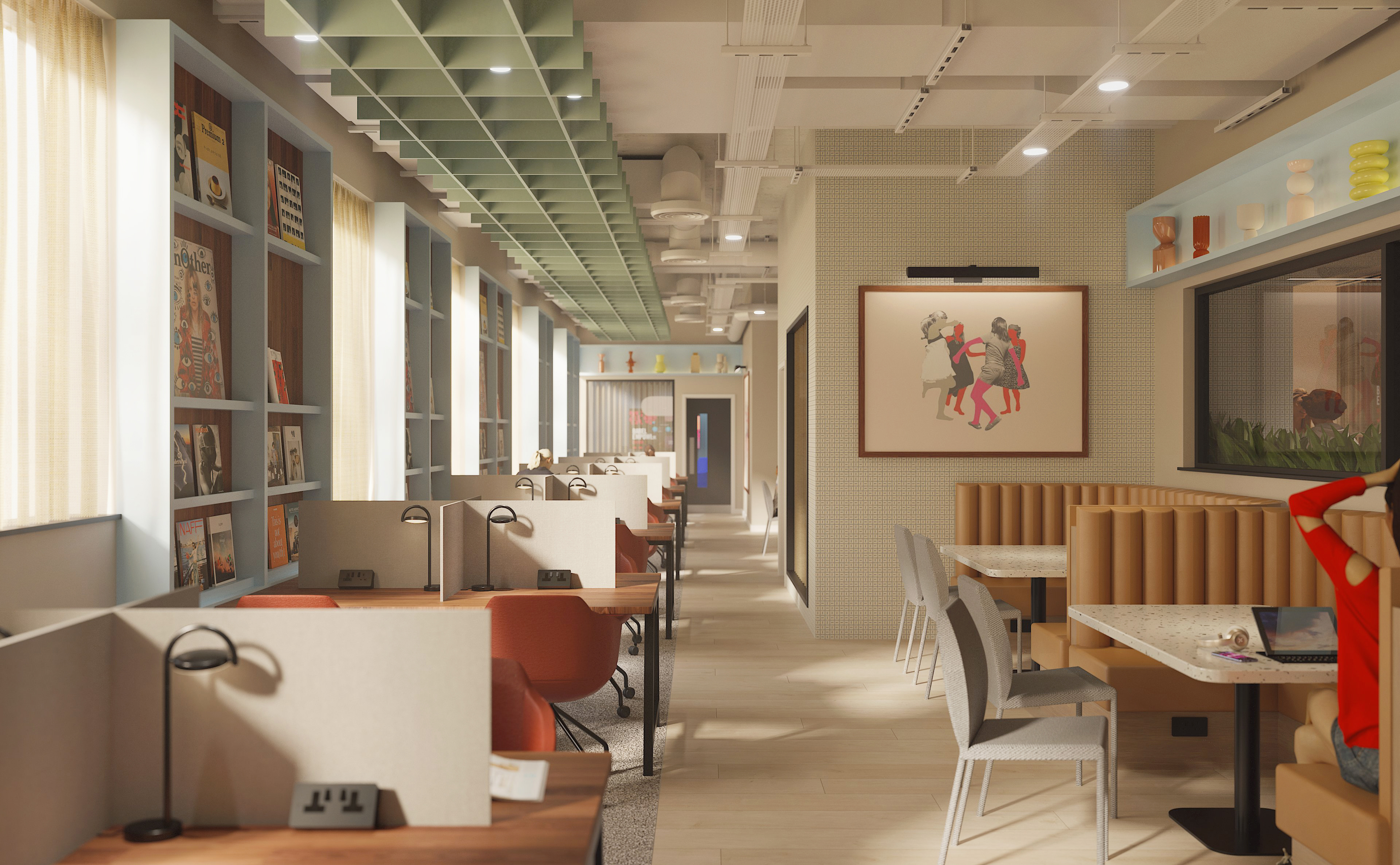Modern, well-lit café with individual study booths, bookshelves, wall art, and tables along the right side. Soft lighting, orange and beige seating, and large windows create a cozy, inviting atmosphere.