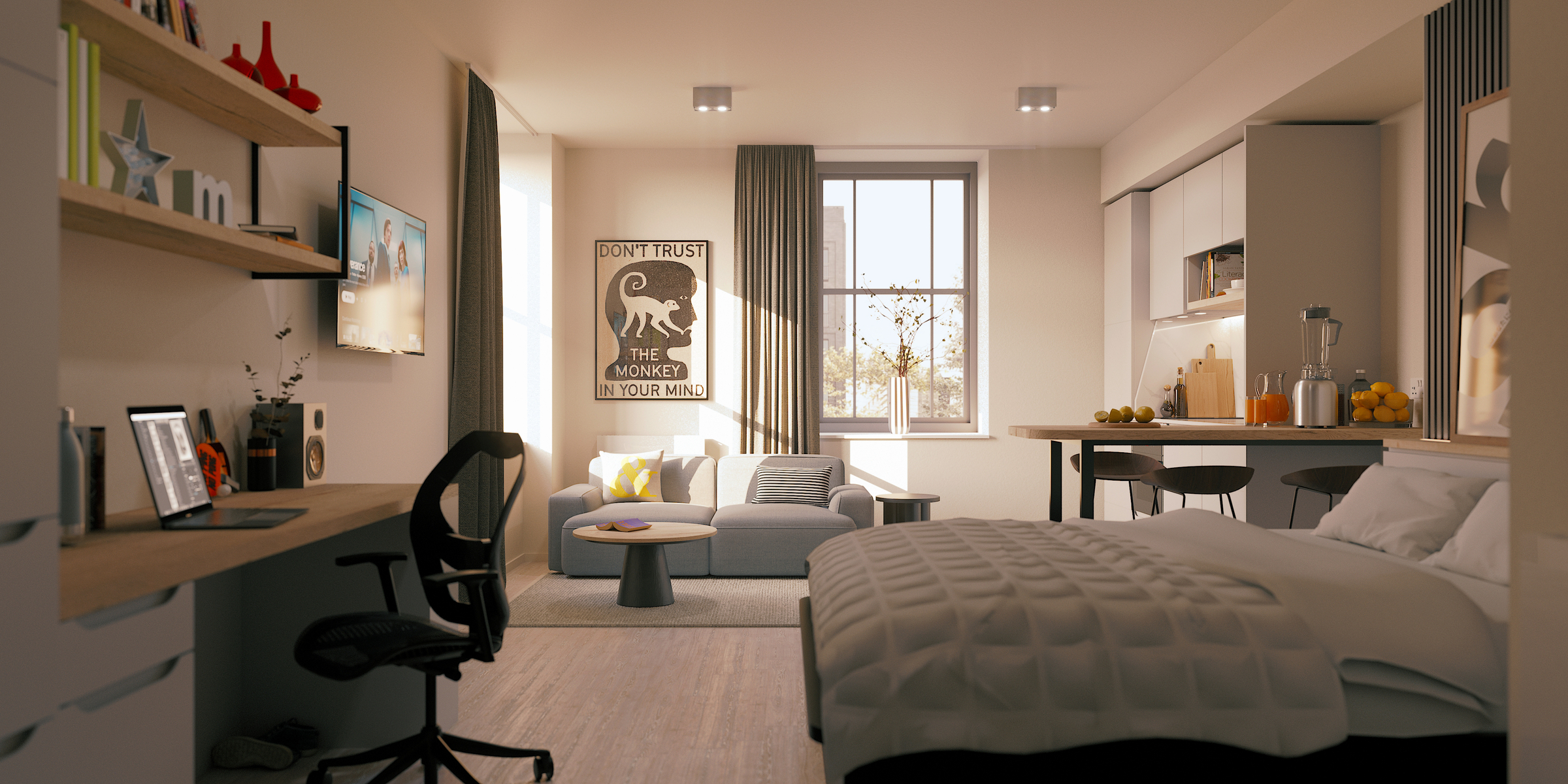 A modern studio apartment with a bed, work desk, small sofa, and dining area. Sunlight streams through a window, and the decor includes shelves, wall art, and a kitchenette with fruit and kitchenware.