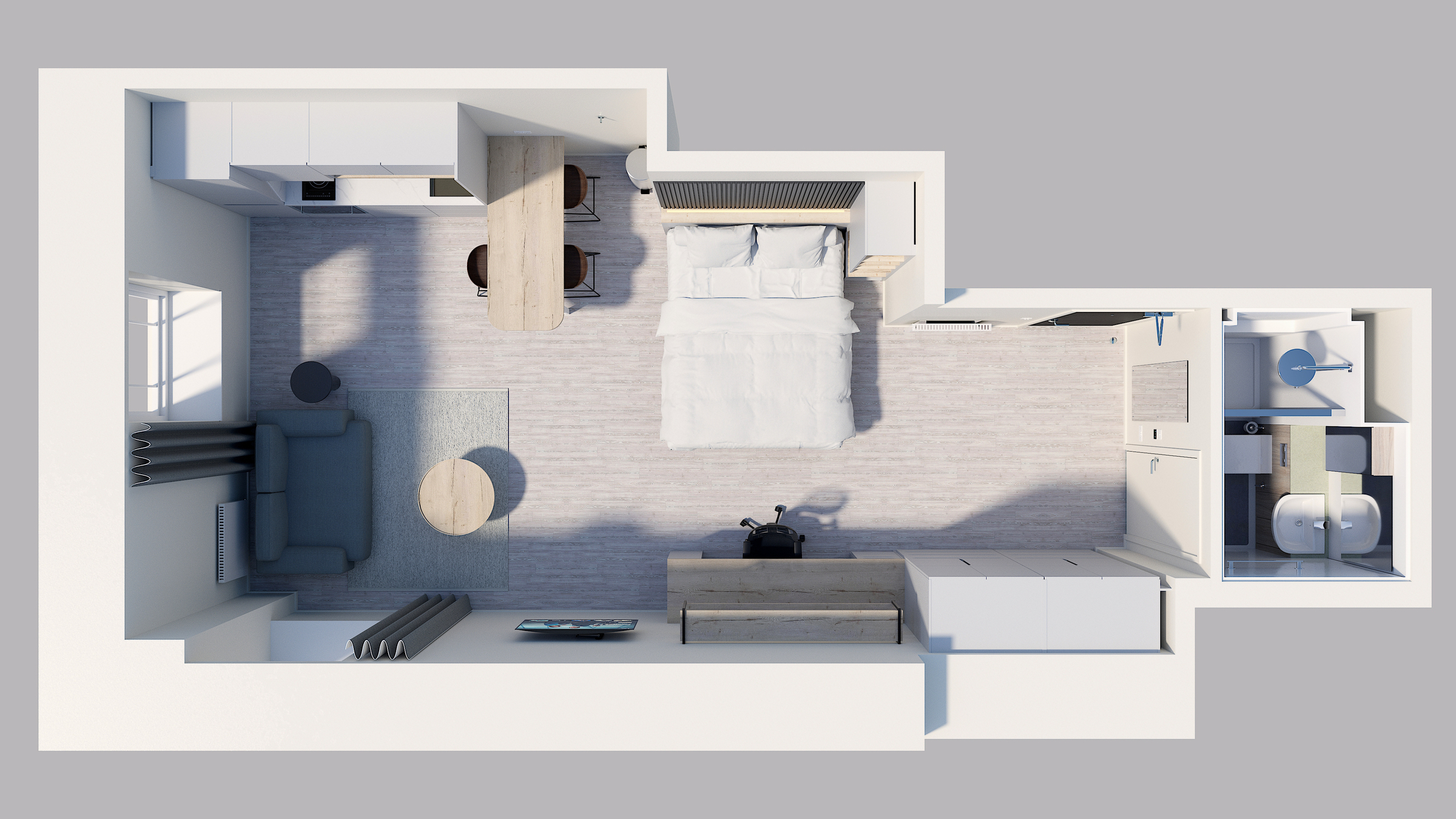 Top-down view of a modern studio apartment with a bed, sofa, coffee table, dining table, kitchen, desk, wardrobe, and a small separate bathroom with a shower, toilet, and sink. Light, minimalist decor throughout.