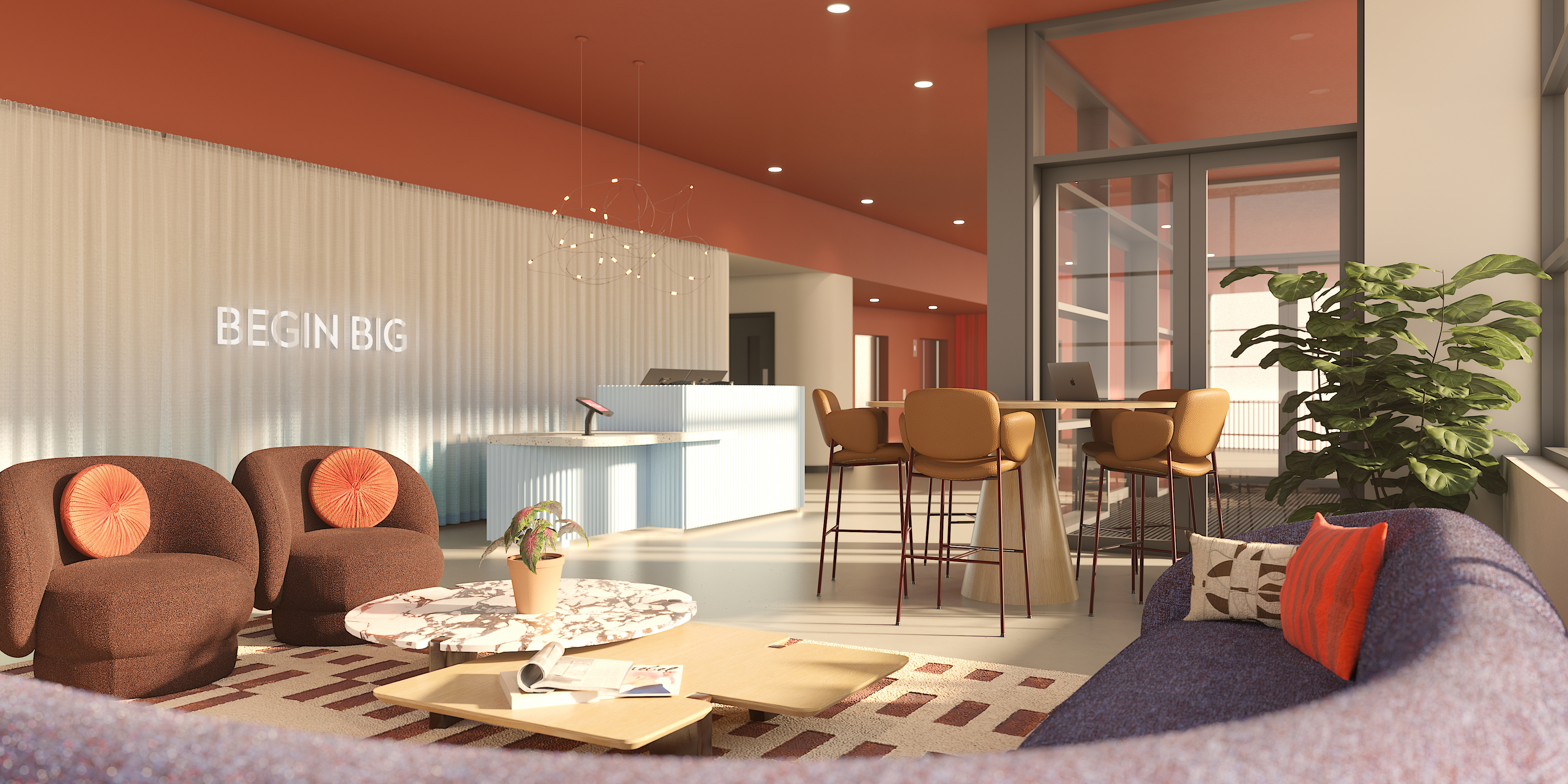 A modern office lounge with cozy chairs, a round coffee table, a sofa, tall bar stools, a desk, and the words "BEGIN BIG" illuminated on a wall. Warm lighting and plants create a welcoming atmosphere.
