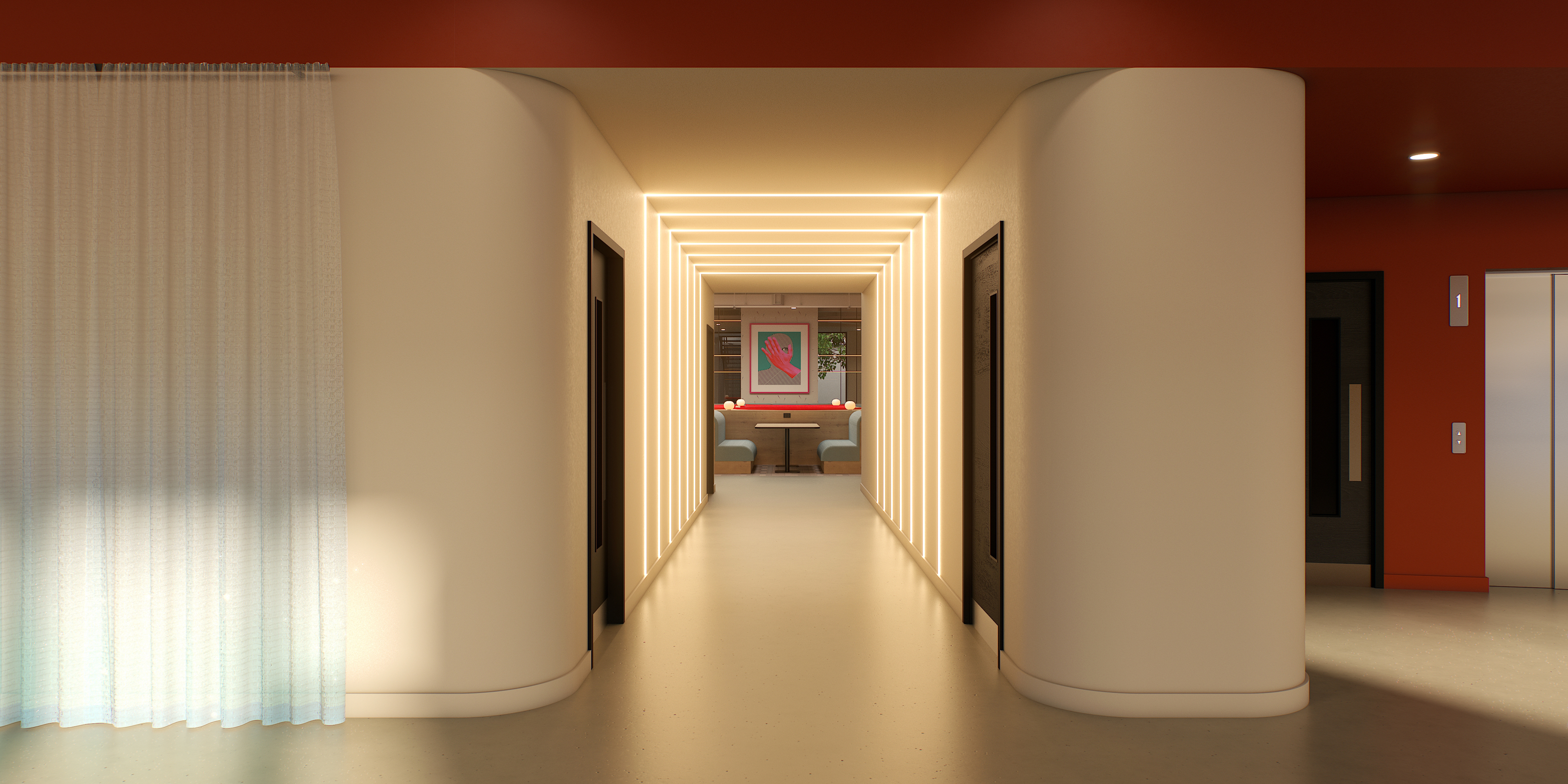A modern hallway with curved white walls and illuminated ceiling panels, leading to a small seating area with two red chairs, a round table, and a framed artwork on the far wall.