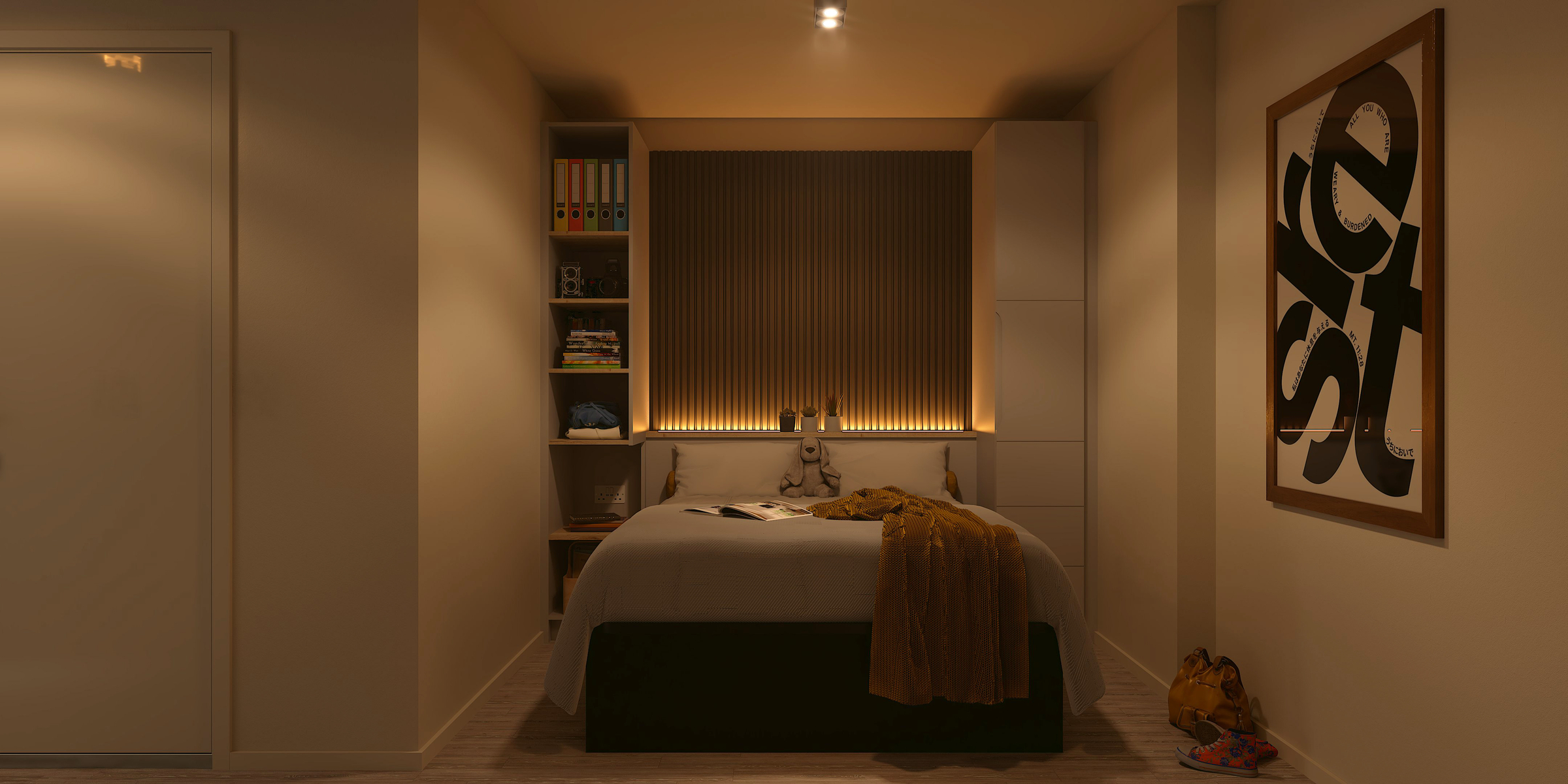 A cozy New Waverley bedroom features a bed centered against the wall, flanked by shelves and cabinets. Warm lighting fills the space, with a blanket, open book, and shoes scattered below a striking abstract art piece on the right wall.