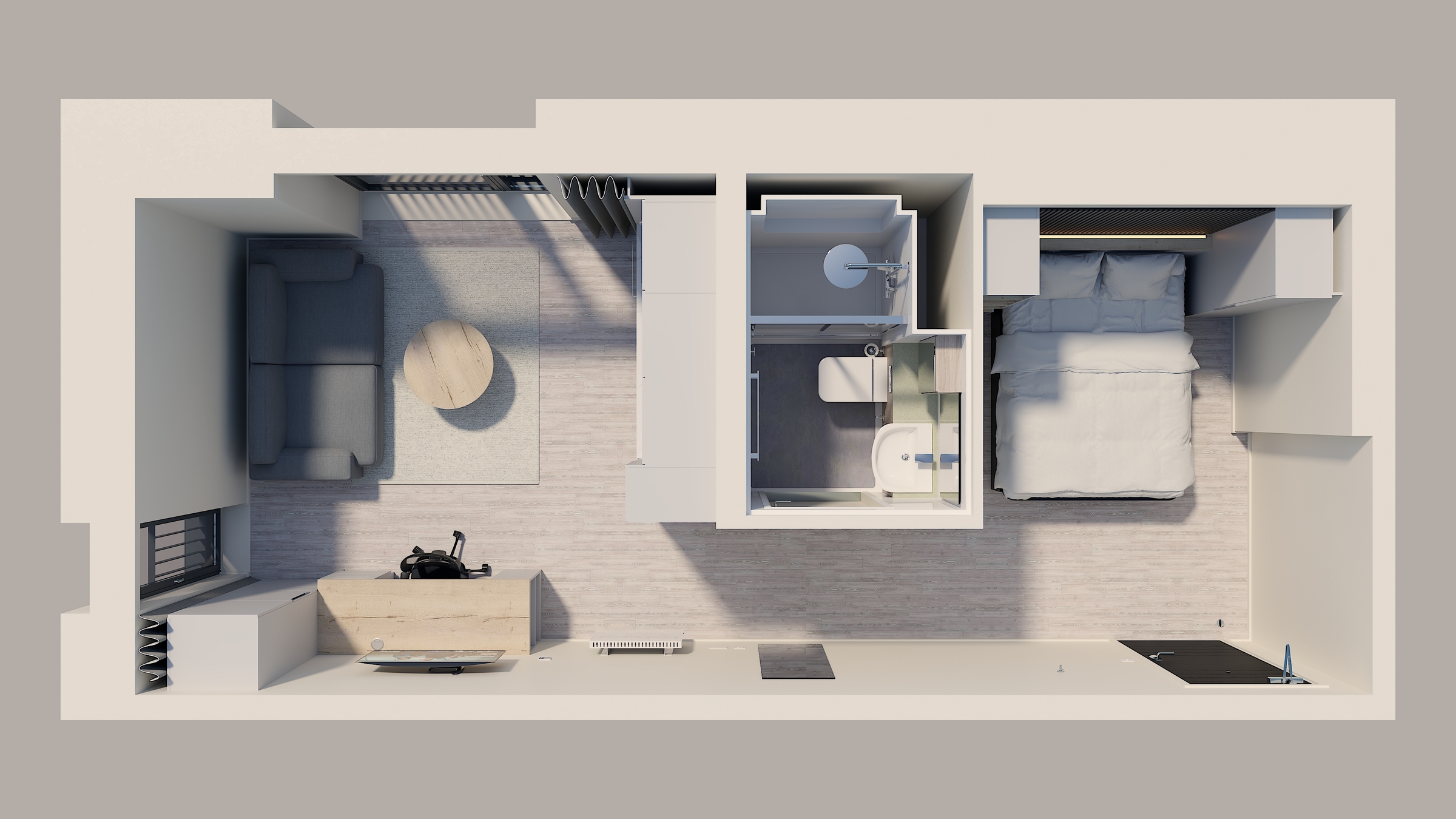 Top-down view of a small New Waverley apartment layout featuring a living area with a sofa and coffee table, a bathroom with shower, and a bedroom with double bed. Light neutral tones and minimal modern furnishings throughout.