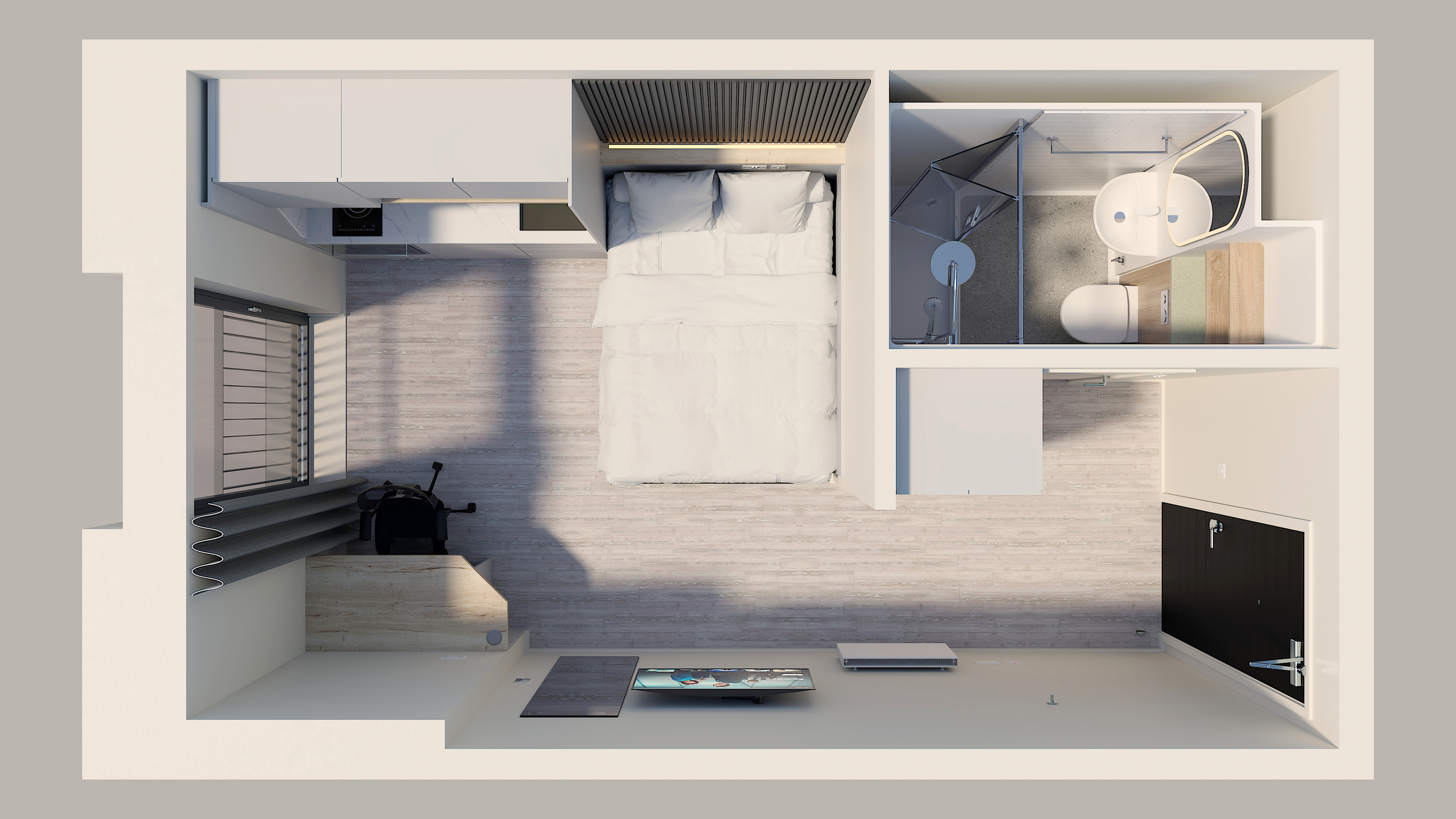 Top-down view of a compact, modern New Waverley studio apartment with a bed, wardrobe, desk, chair, window, and a small bathroom featuring a shower, toilet, and sink. Light wood floors and minimalistic decor throughout.