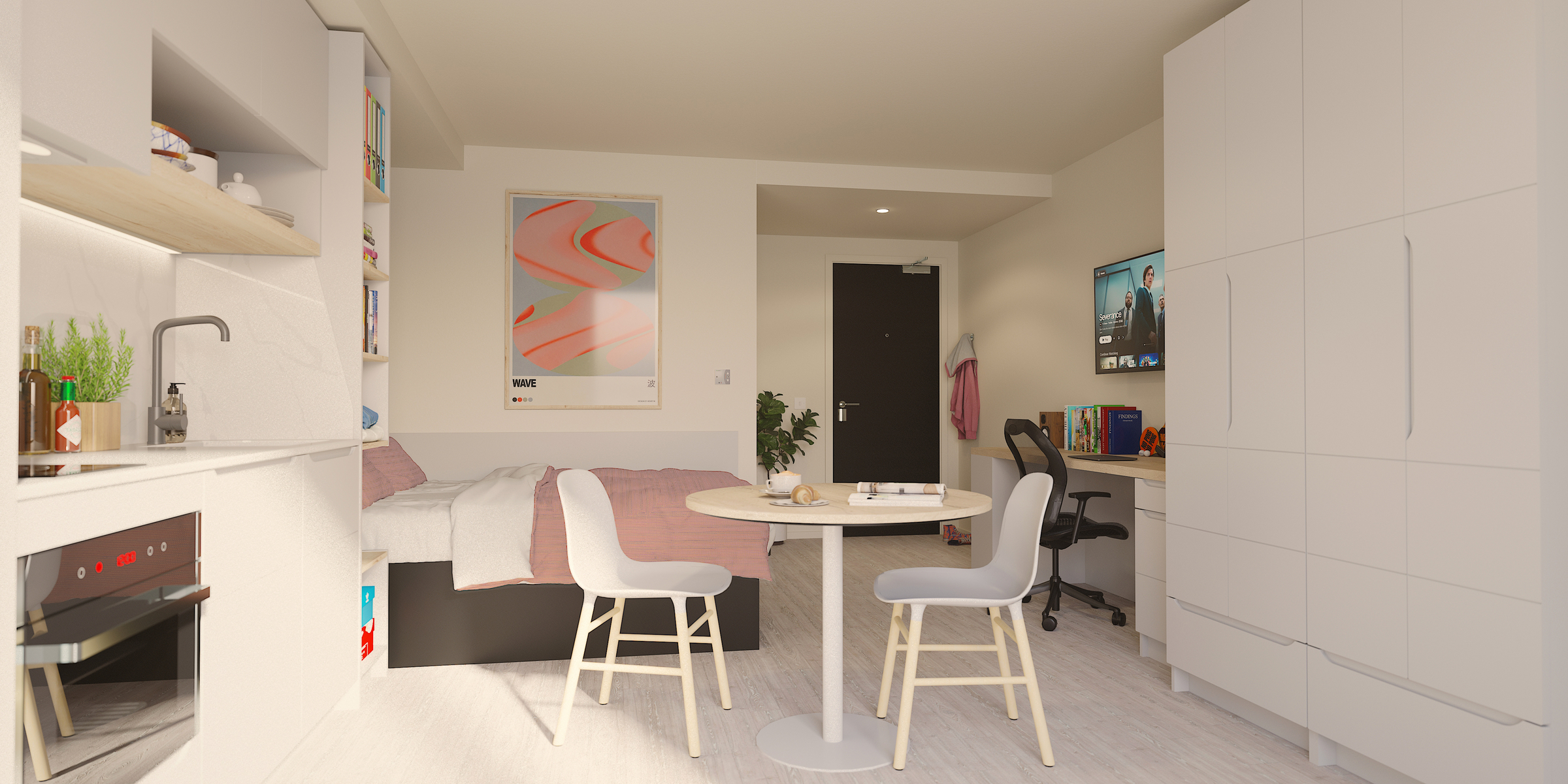 A modern, bright studio apartment in New Waverley with a bed, small kitchen, round dining table for two, wardrobe, desk and chair, and posters on the wall. Light-colored furniture and decor create a cozy atmosphere.