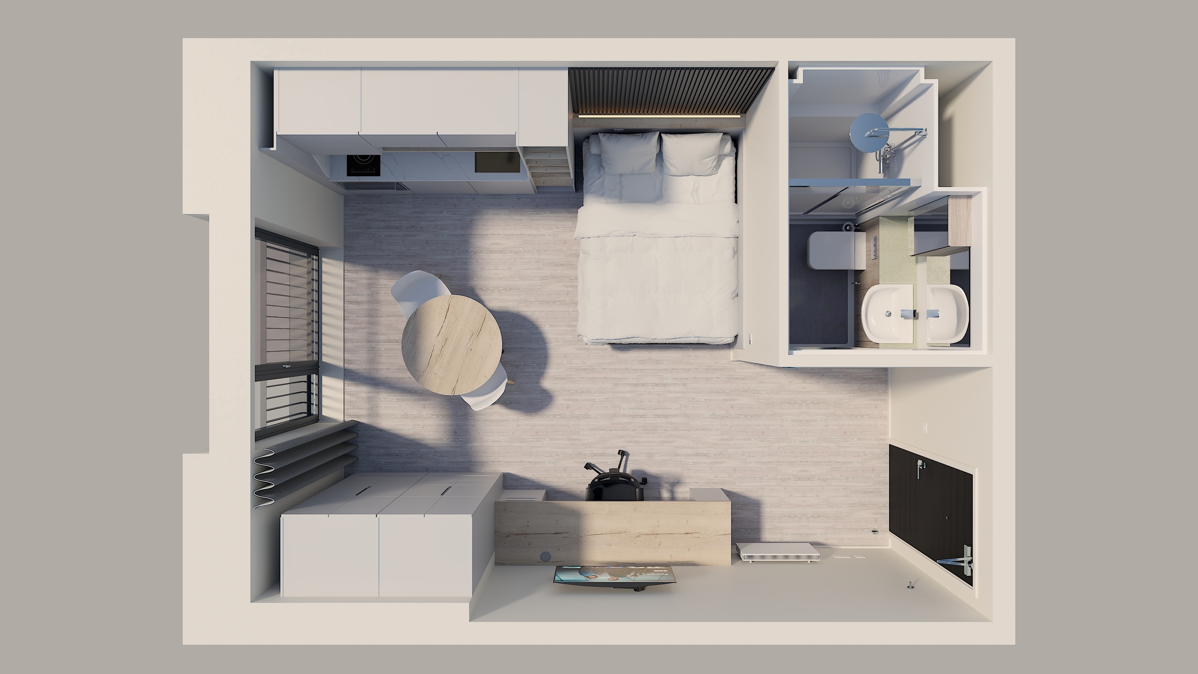 A top-down view of a compact New Waverley studio apartment with a bed, small round dining table and two chairs, kitchenette, TV, wardrobe, and bathroom with shower. Light-colored flooring and modern furnishings complete the look.