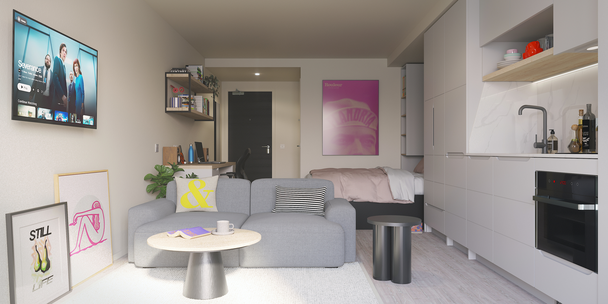 A modern New Waverley studio apartment featuring a gray sofa, small round coffee table, wall-mounted TV, open shelves, bed, and compact kitchen. Art prints and decor add color to this tidy, well-lit space.