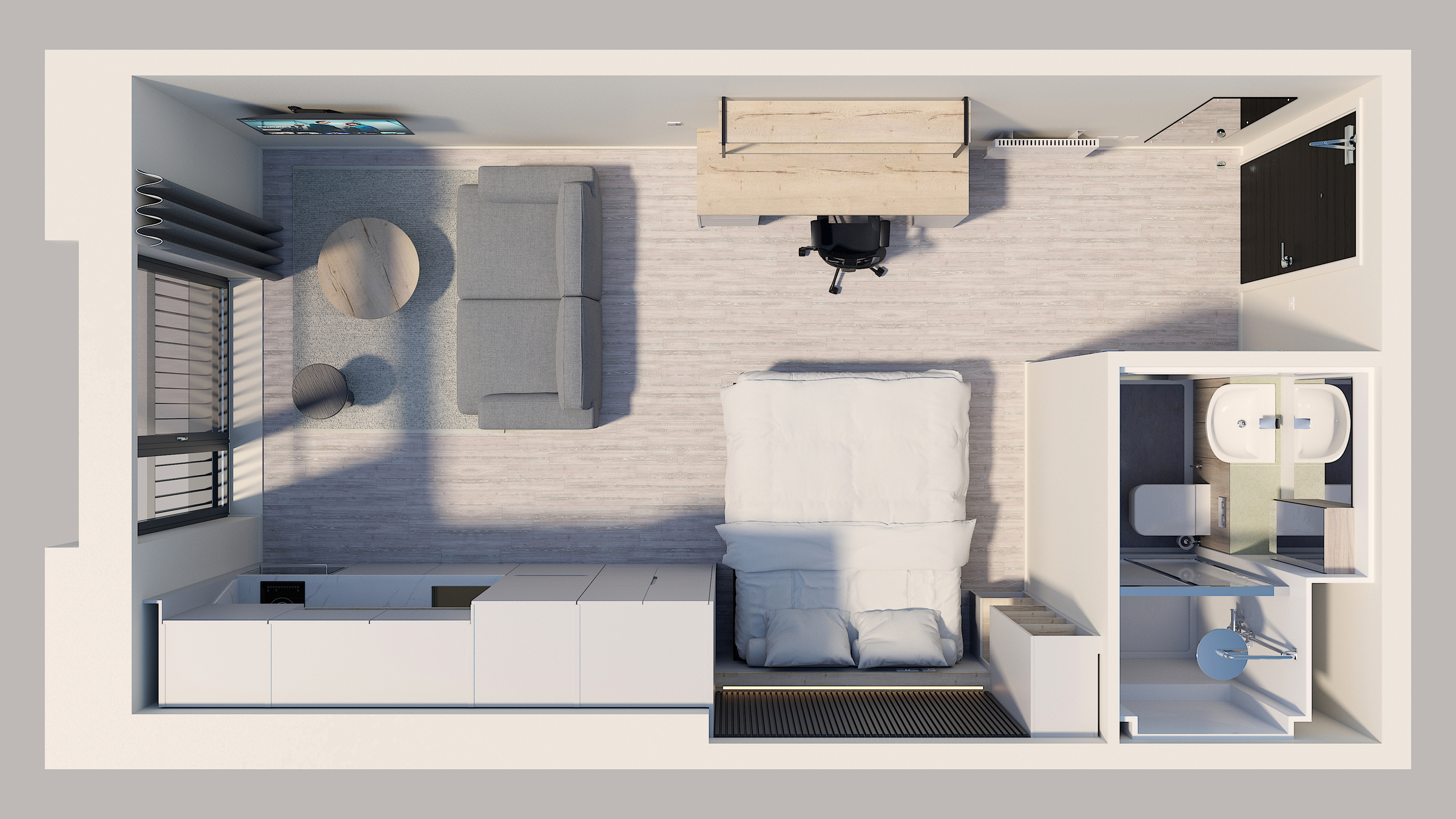 A top-down view of a modern New Waverley studio apartment featuring a bed, sofa, round coffee tables, a desk with a chair, TV, large windows, built-in storage, and a compact bathroom with shower, toilet, and sink.
