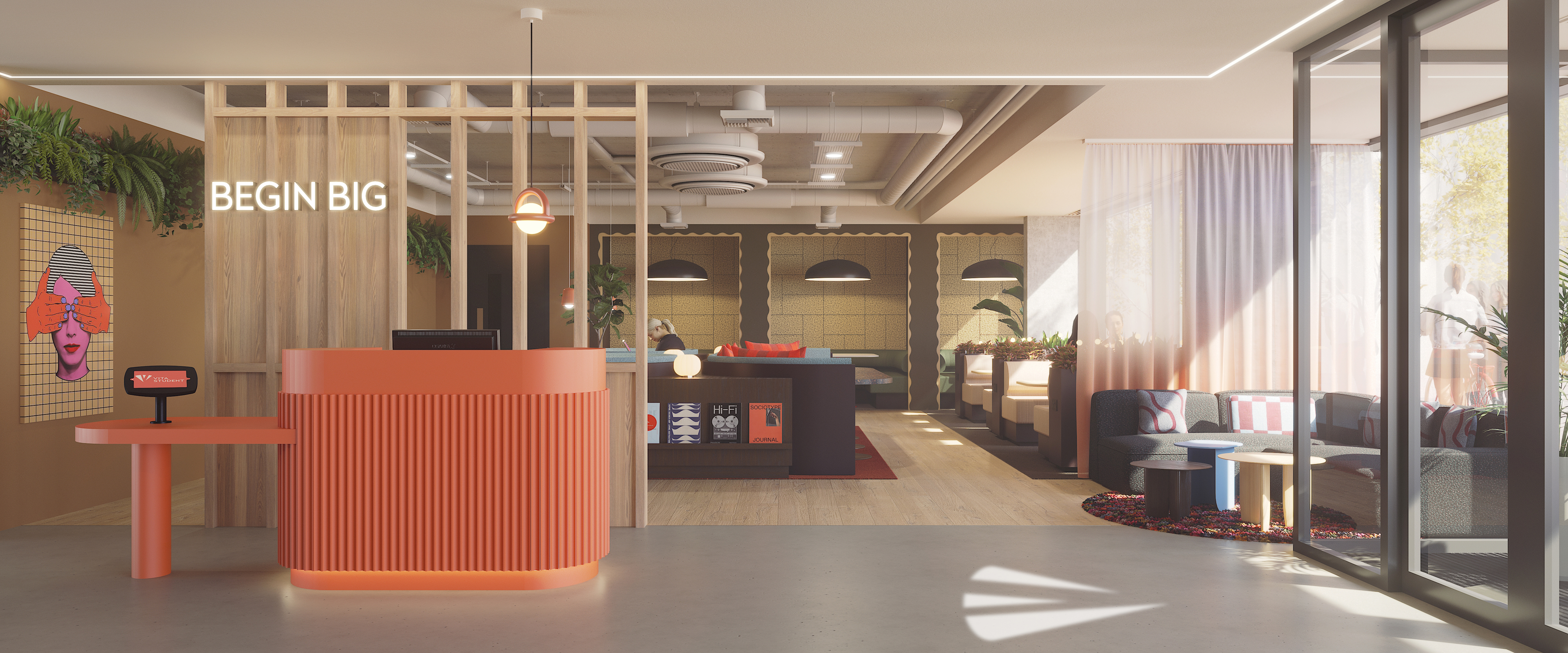 A modern, brightly lit office lobby with a coral reception desk labeled "BEGIN BIG," seating areas, decorative plants, wall art, and large windows letting in natural light.