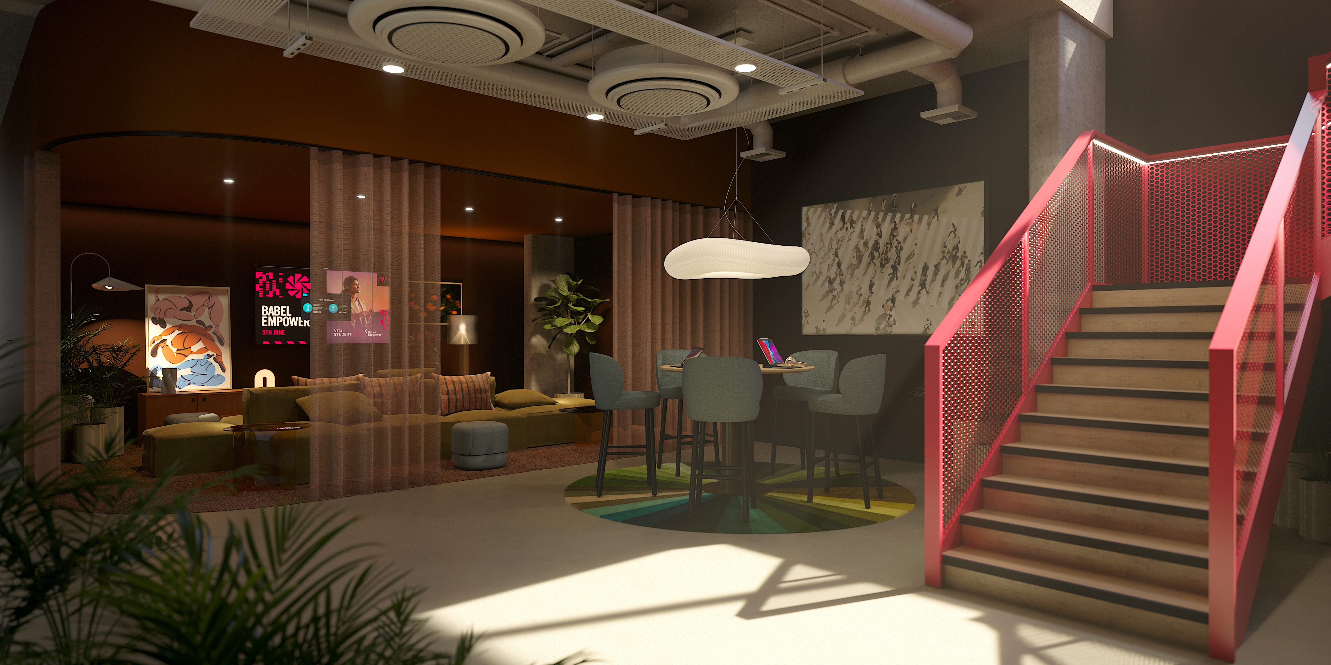 A modern lounge with cozy seating, colorful wall art, soft lighting, and plants. A red staircase leads up on the right, and a bar table with laptops sits on a circular rug in the foreground.