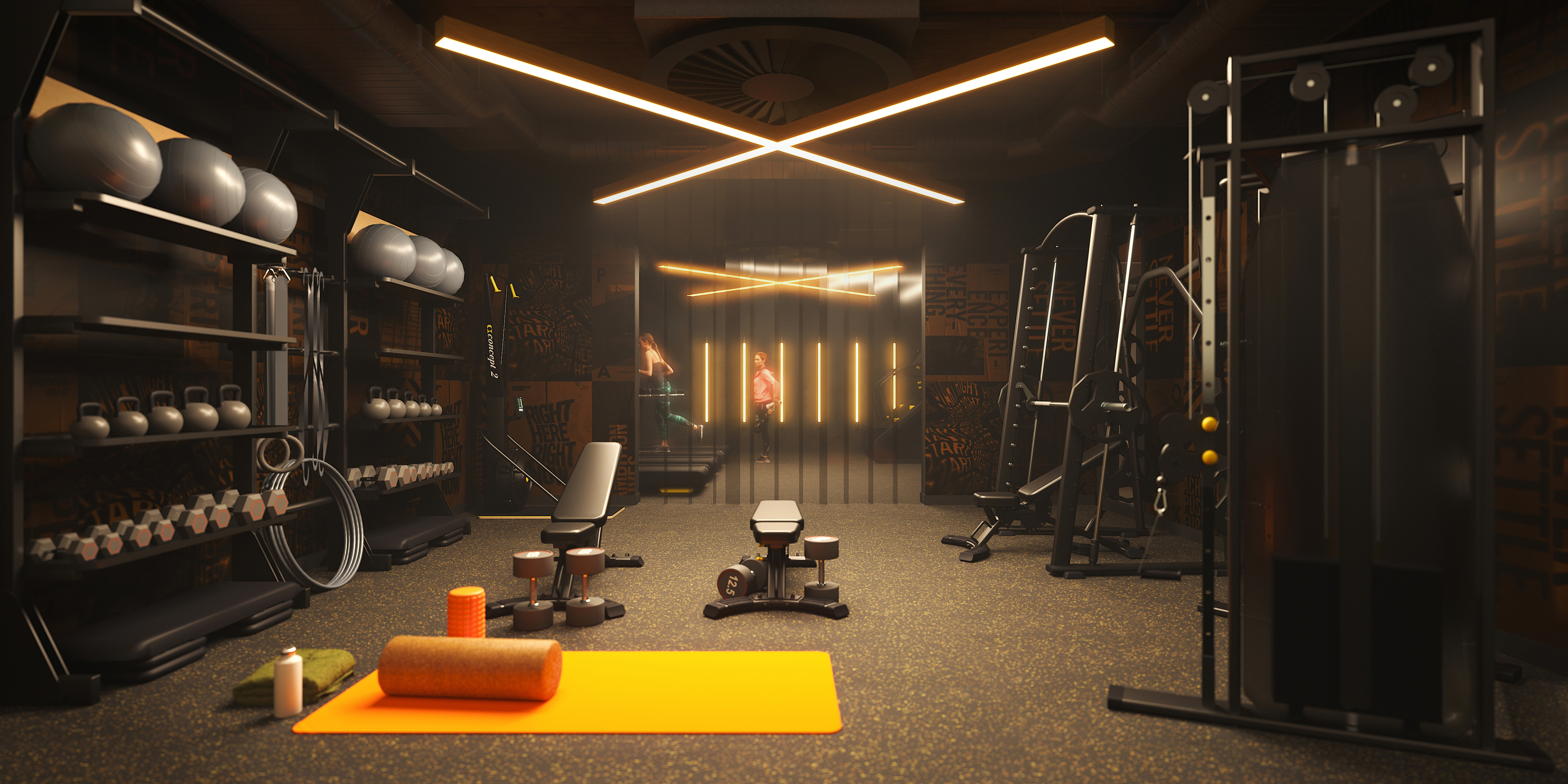 A modern gym with free weights, benches, kettlebells, and fitness equipment. An orange yoga mat with accessories is on the floor under warm lighting, and exercise machines line the walls.