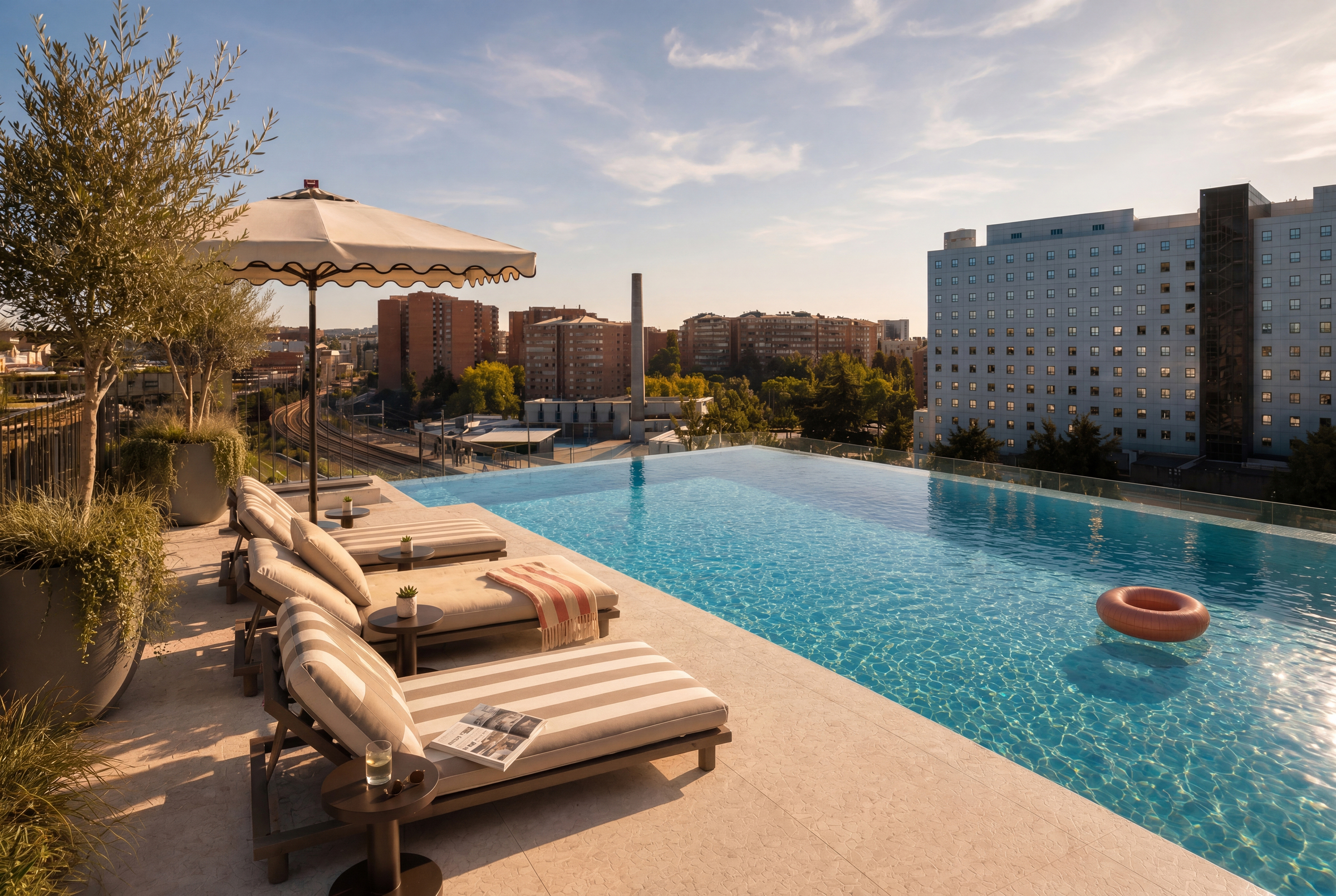 A rooftop infinity pool with striped lounge chairs, a large umbrella, potted plants, and a pink pool float, overlooking a cityscape with modern buildings under a blue sky at sunset.