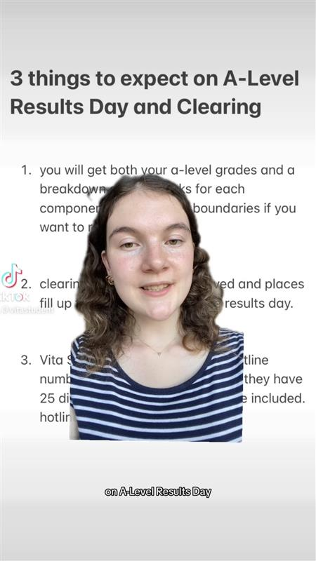 A young woman with wavy brown hair and a striped shirt smiles in front of text titled "3 things to expect on A-Level Results Day and Clearing," with a partial list of tips visible behind her.