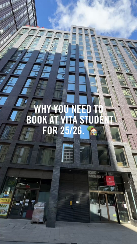Tall modern apartment building against a blue sky with the text "WHY YOU NEED TO BOOK AT VITA STUDENT FOR 25/26." and a house emoji overlaid on the image.