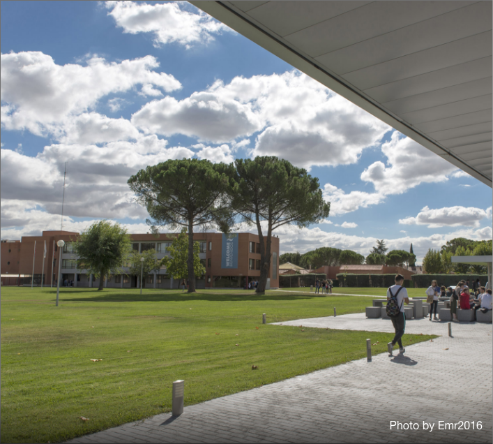A student walks across a shaded pathway near a large grassy lawn, with modern brick buildings that resemble stylish Student Accommodation in Madrid, tall trees, and a partly cloudy sky in the background. A few people sit at benches near the lawn.