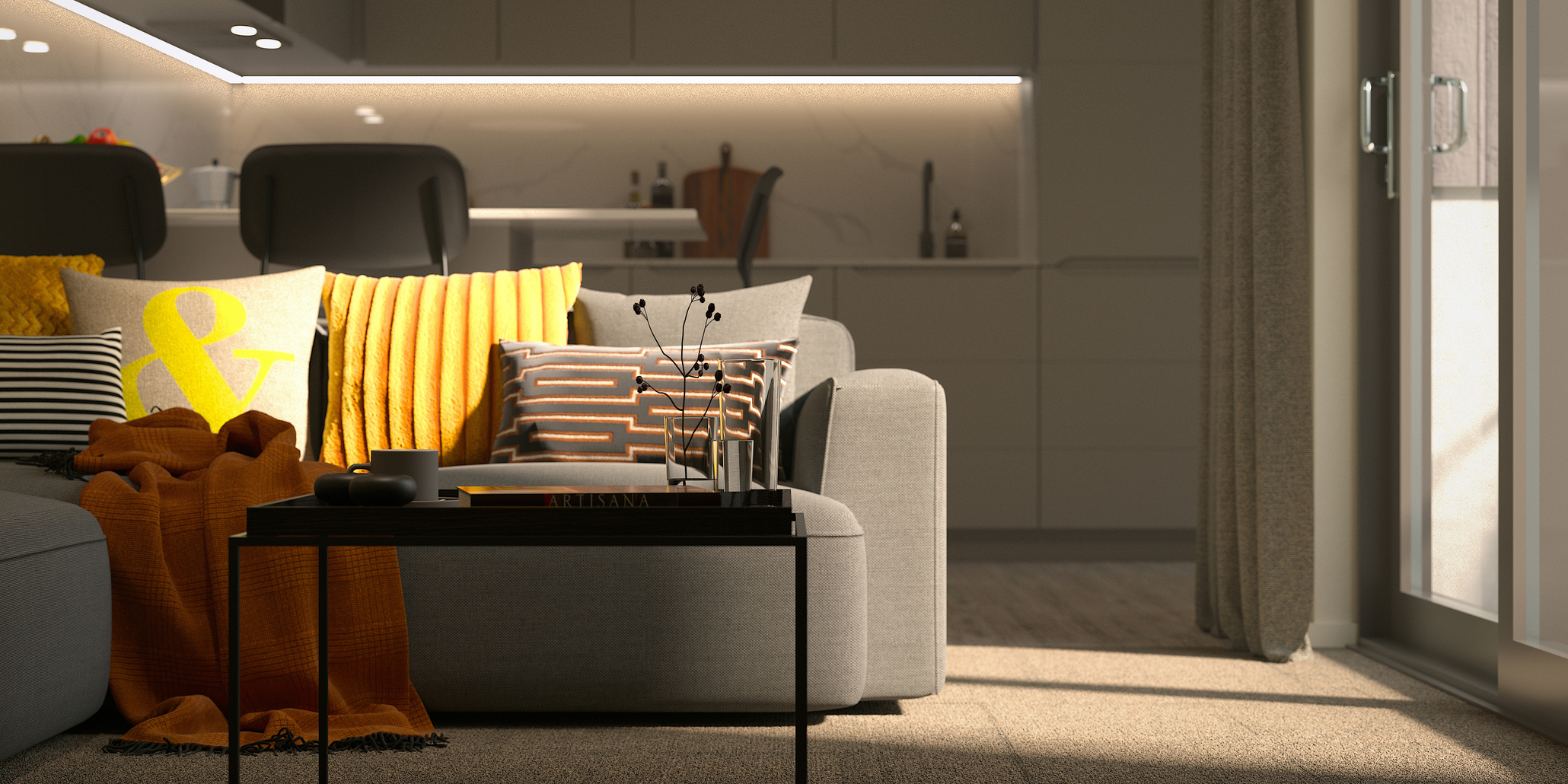 A modern New Waverley living room with a grey sofa, yellow and striped pillows, a yellow throw, a black coffee table with books and a vase, and a sleek kitchen in the background. Sunlight streams in through a glass door on the right.
