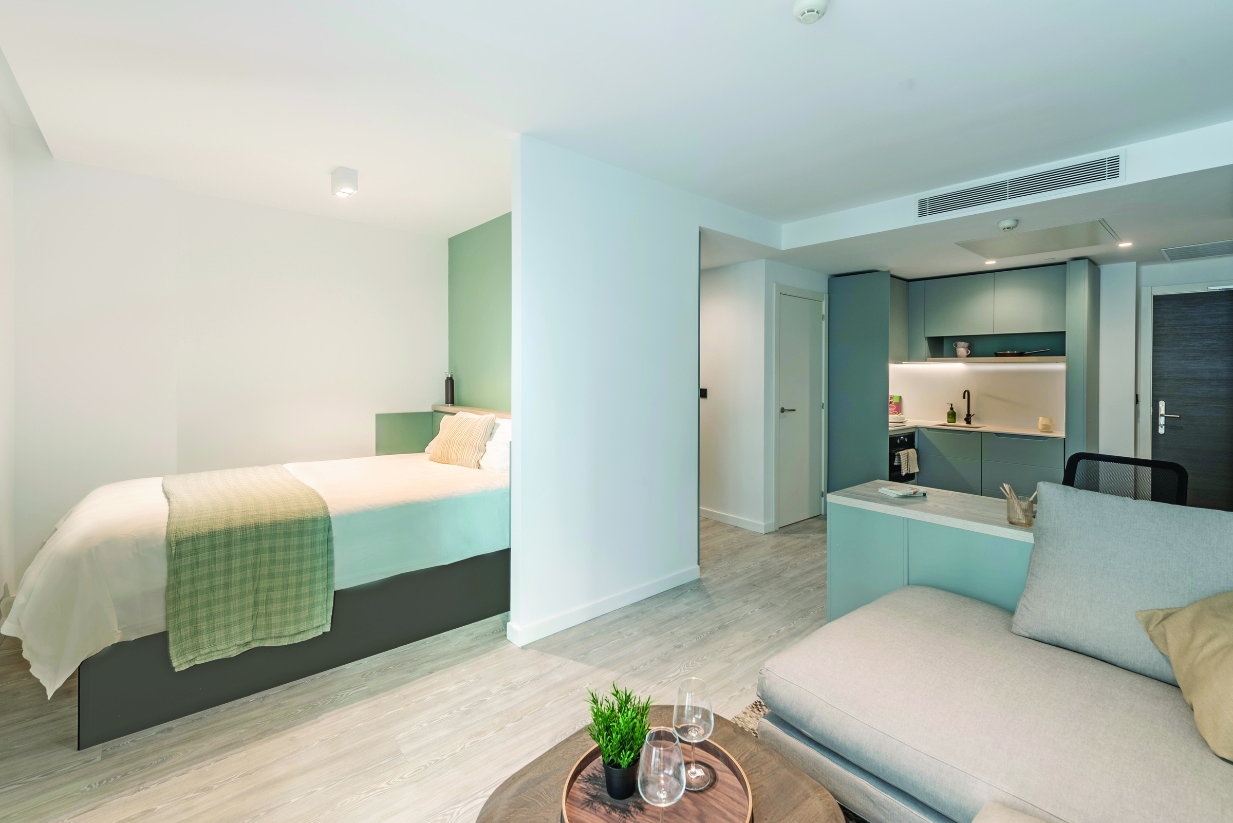 Modern studio apartment with a bed, small kitchen, sofa, and table with plants and glassware. Light wood floors and pastel green accents create a clean, inviting atmosphere.