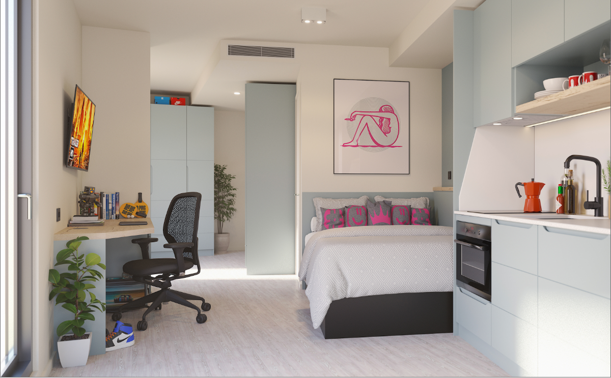 A modern studio apartment with a bed, desk and office chair, wall-mounted TV, kitchen area, and built-in cabinets. Light decor, plants, and minimalist art create a bright, tidy, and cozy atmosphere.