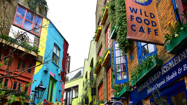 A vibrant city alleyway in London with buildings painted in bright blue, yellow, red, and green. Plants and flowers decorate the windows and ledges—a colorful escape amidst student living London and a reminder of the city's unique charm.