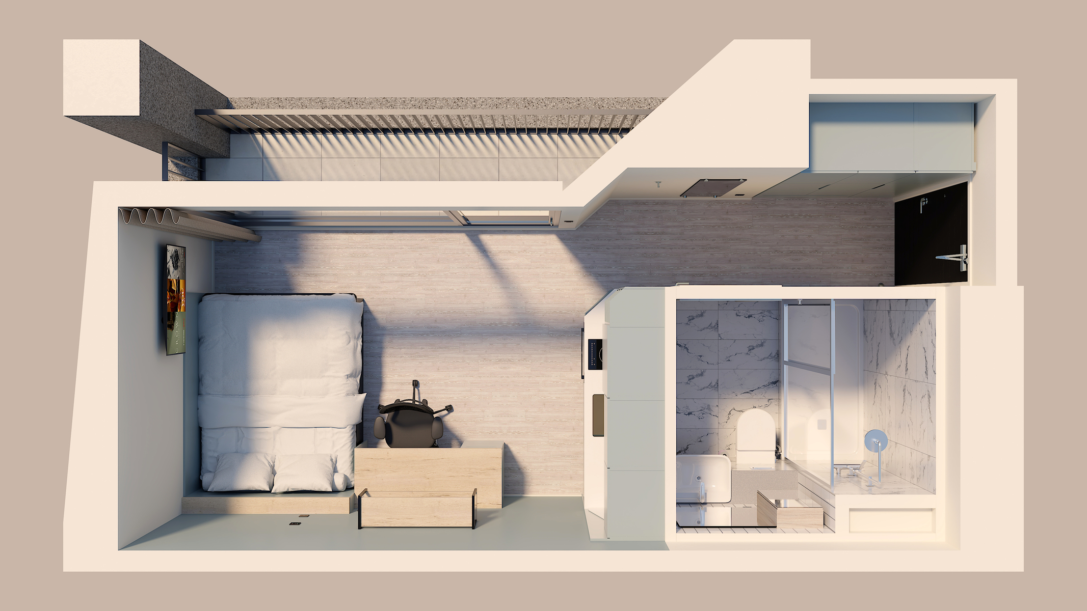 A top-down view of a compact, modern studio apartment with a bed, nightstand, armchair, wall art, and a separate bathroom featuring a shower, toilet, and sink. Neutral, light-colored decor throughout.