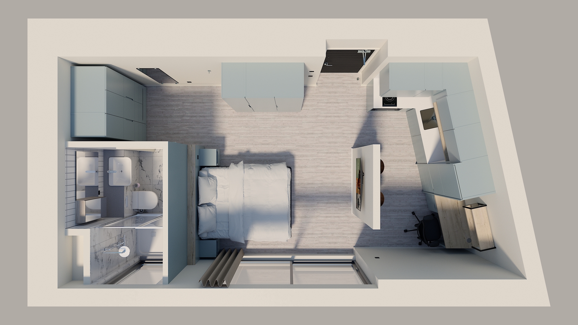 A 3D top-view layout of a modern studio apartment, showing a bed, wardrobe, bathroom, kitchen, dining area, desk, and large window. Light-colored wood flooring and light blue cabinetry create a bright, open feel.
