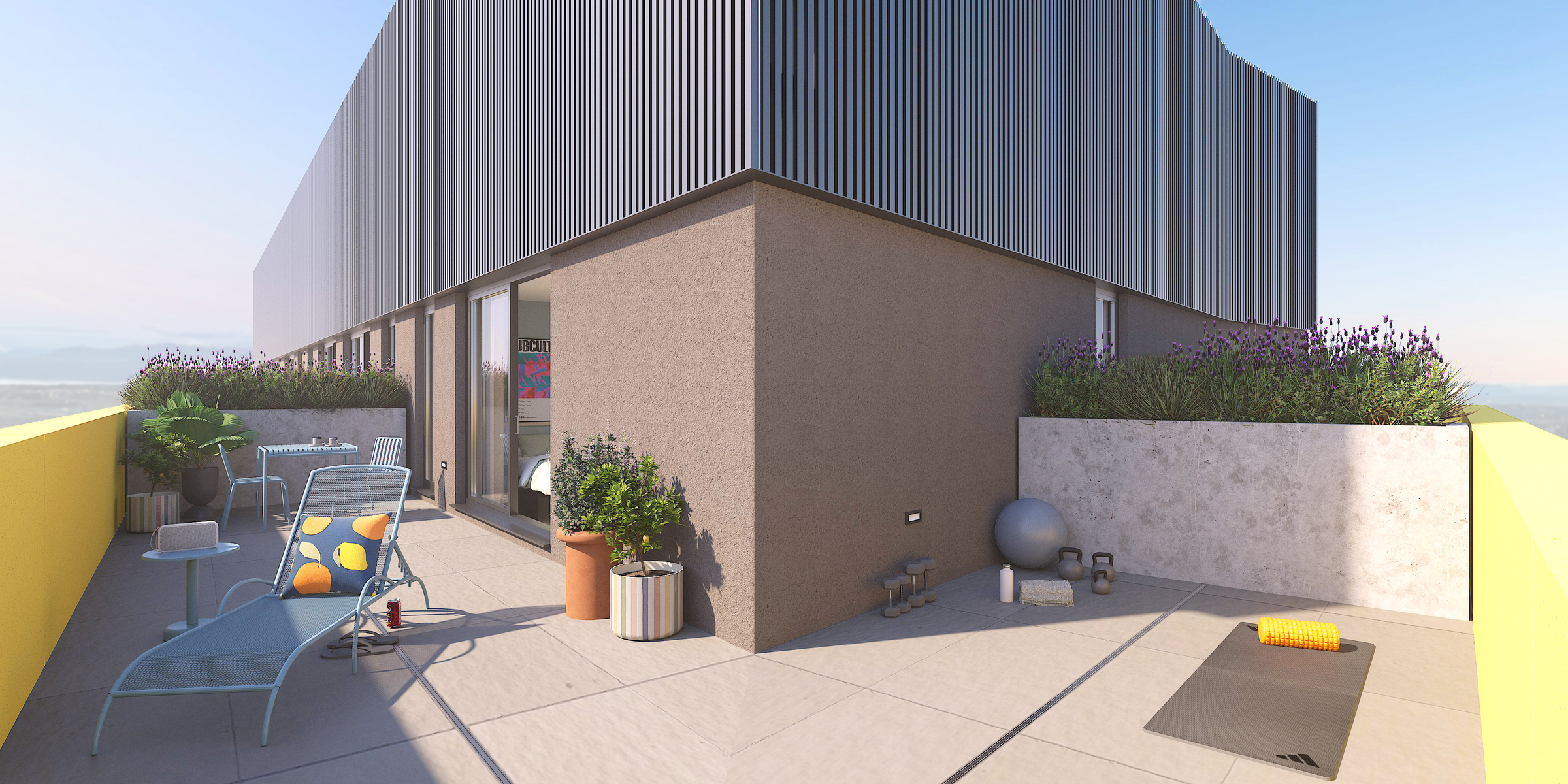 A spacious rooftop terrace wraps around a modern building, featuring lounge chairs, potted plants, a yoga mat, dumbbells, a stability ball, and a small table under blue sky with sunlight.