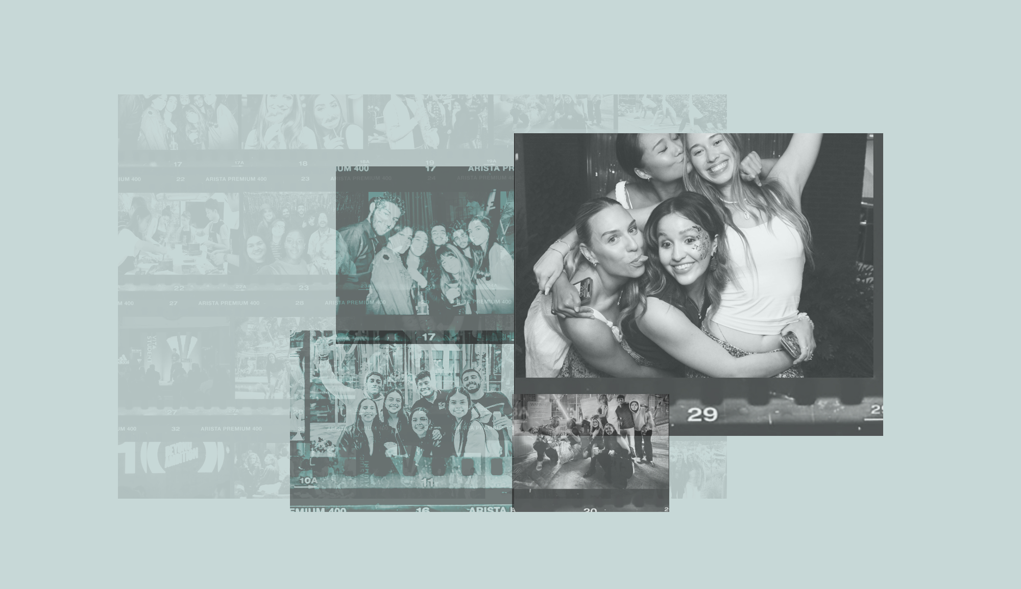 A collage of black-and-white photos featuring groups of friends smiling, hugging, and posing together, layered against a pale blue background. The images evoke a sense of celebration and camaraderie within the Vita Collective.