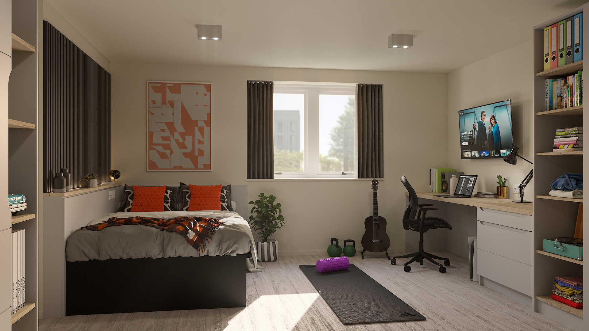 A modern bedroom in the City of Edinburgh features a bed, colorful pillows, wall art, yoga mat, foam roller, guitar, desk with computer, chair, bookshelves, and a large window letting in natural light—perfect for enjoying Edinburgh tourism.